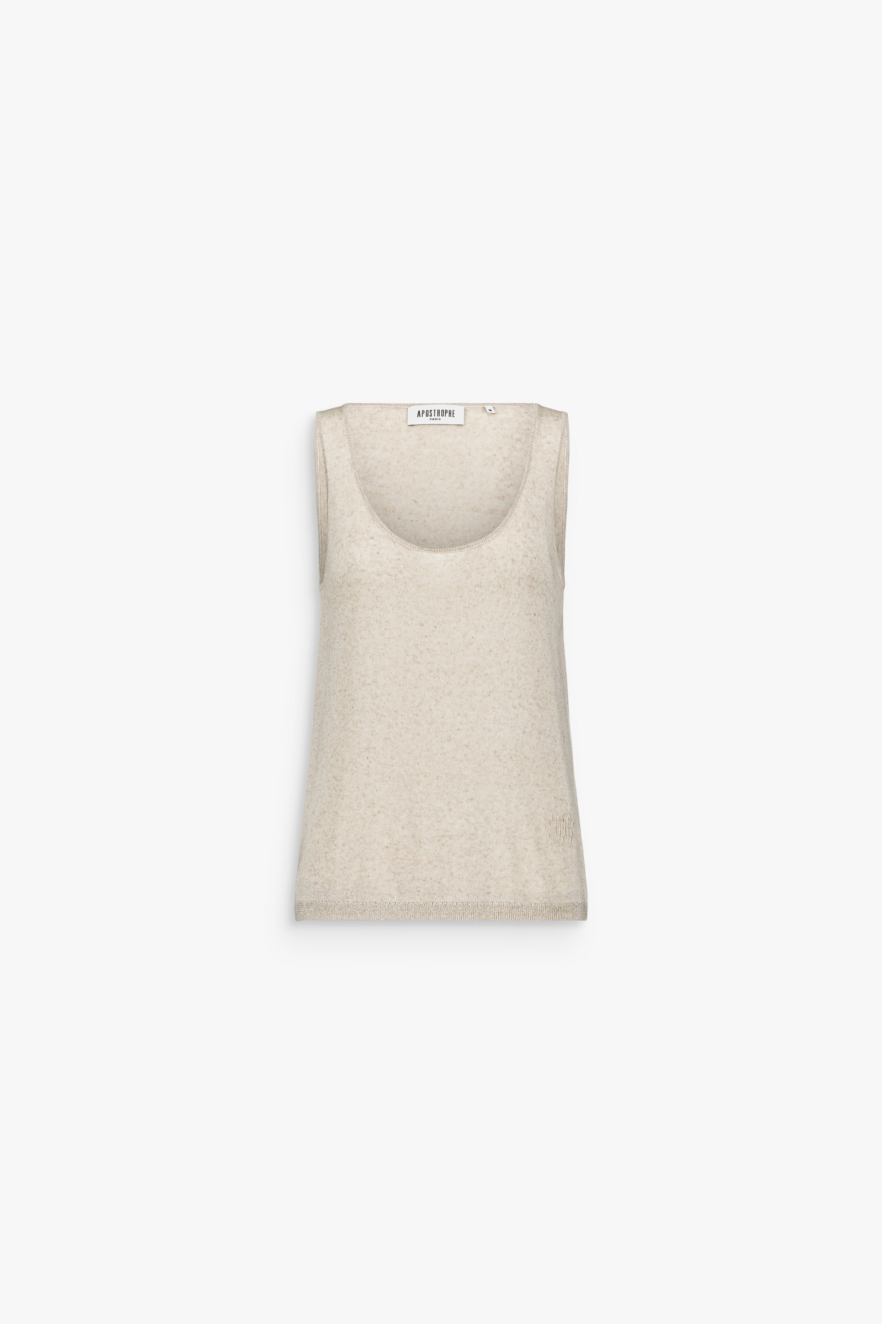 Débardeur beige sans manches avec broderies florales et encolure ronde.