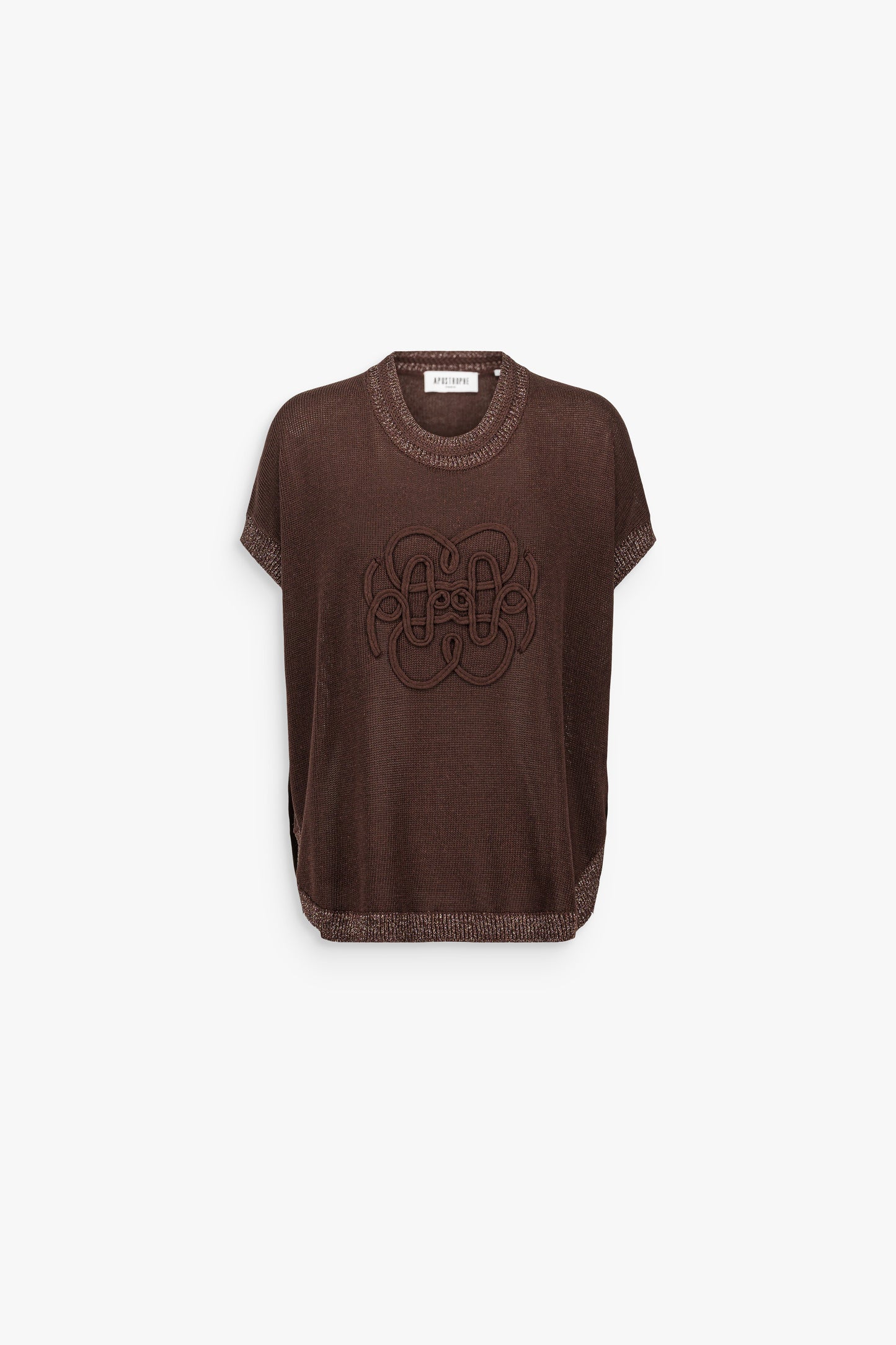 Top sans manches marron foncé en maille de lin, orné de broderies florales délicates.