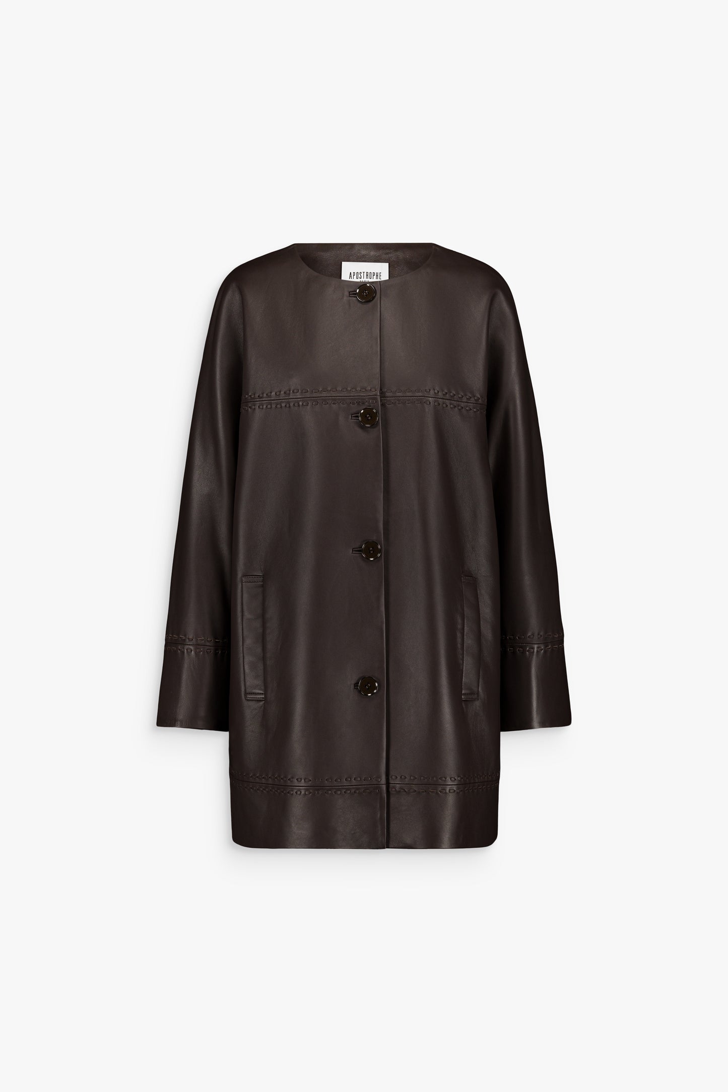 Veste en cuir marron à col rond mi-longue