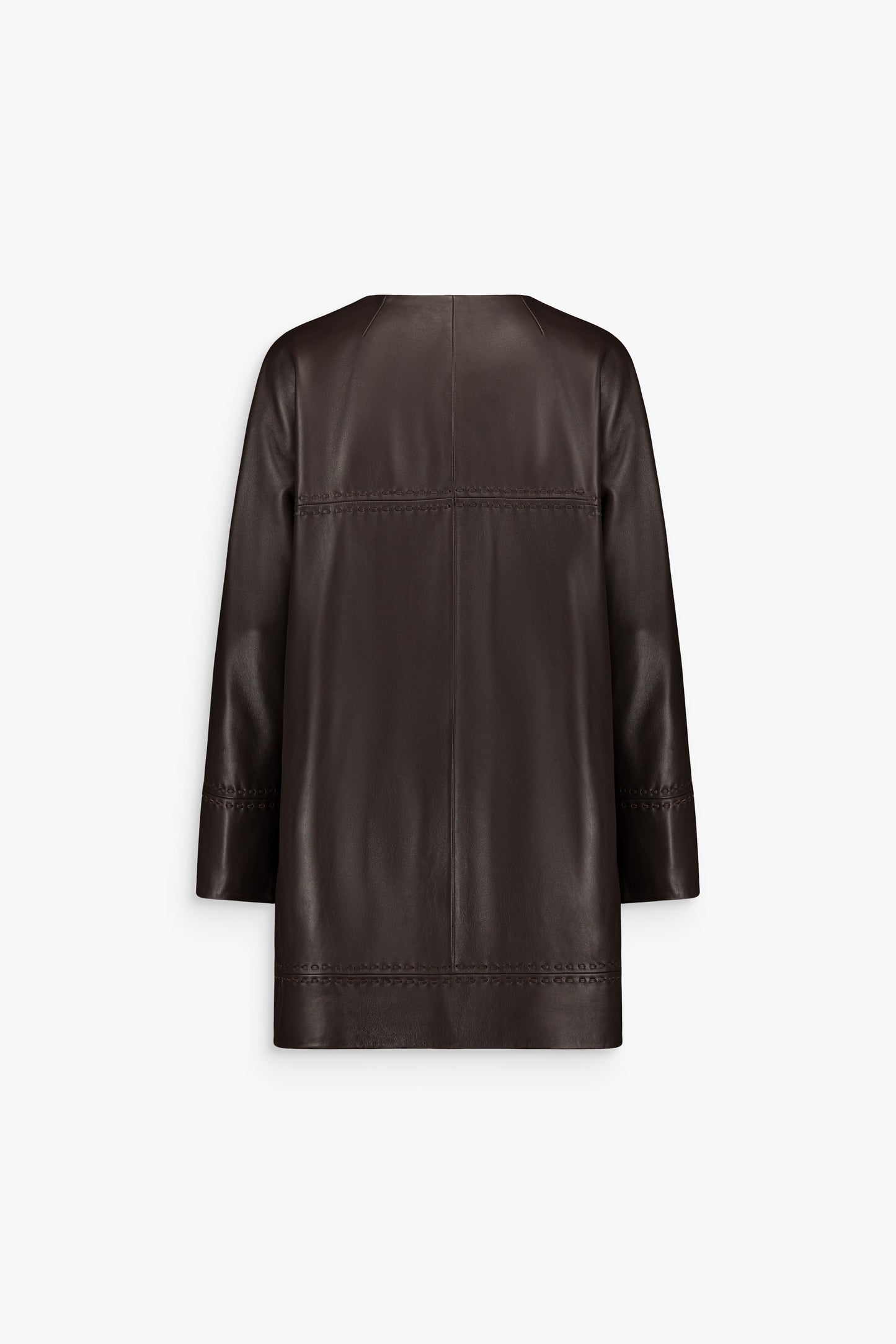 Veste en cuir marron à col rond mi-longue