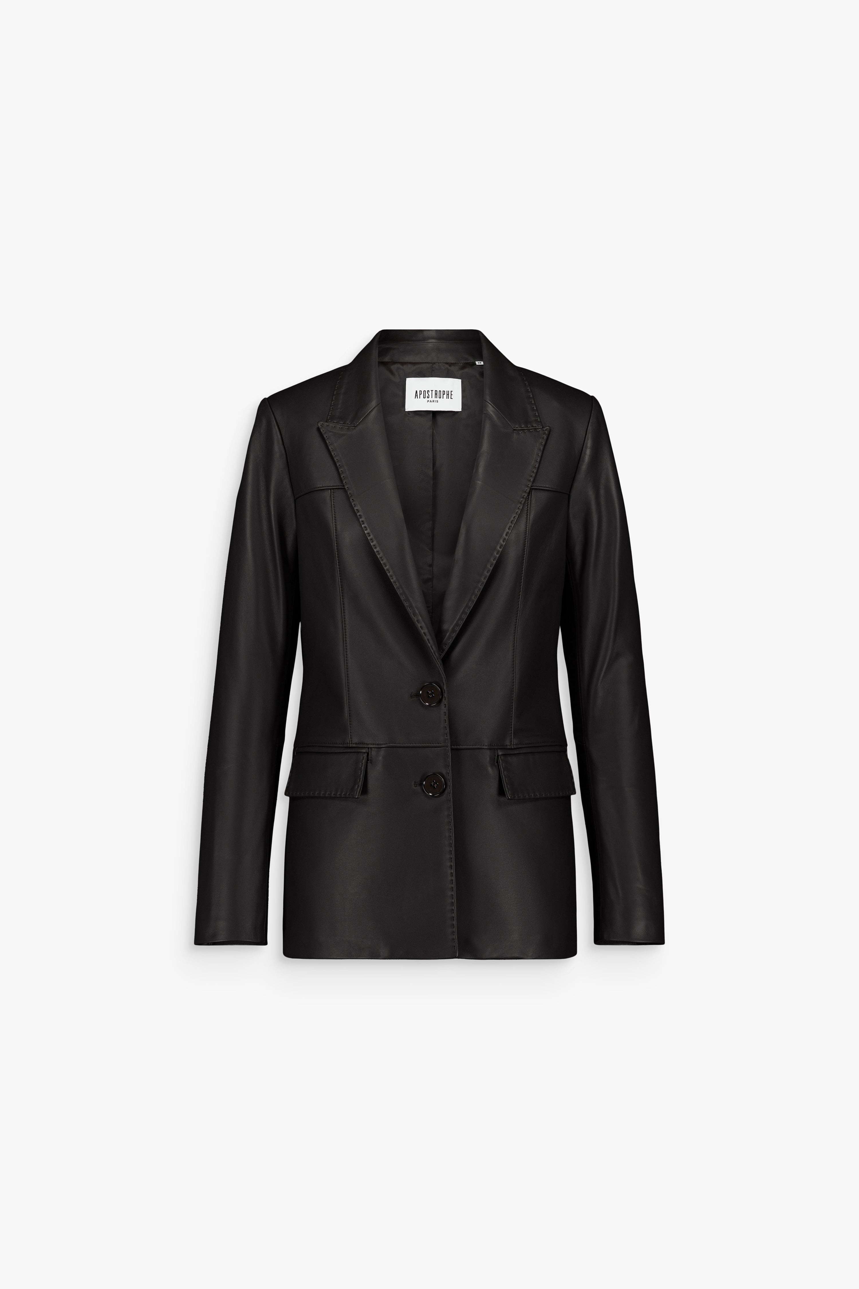Veste femme en cuir noir lisse avec col tailleur et fermeture boutonnée.