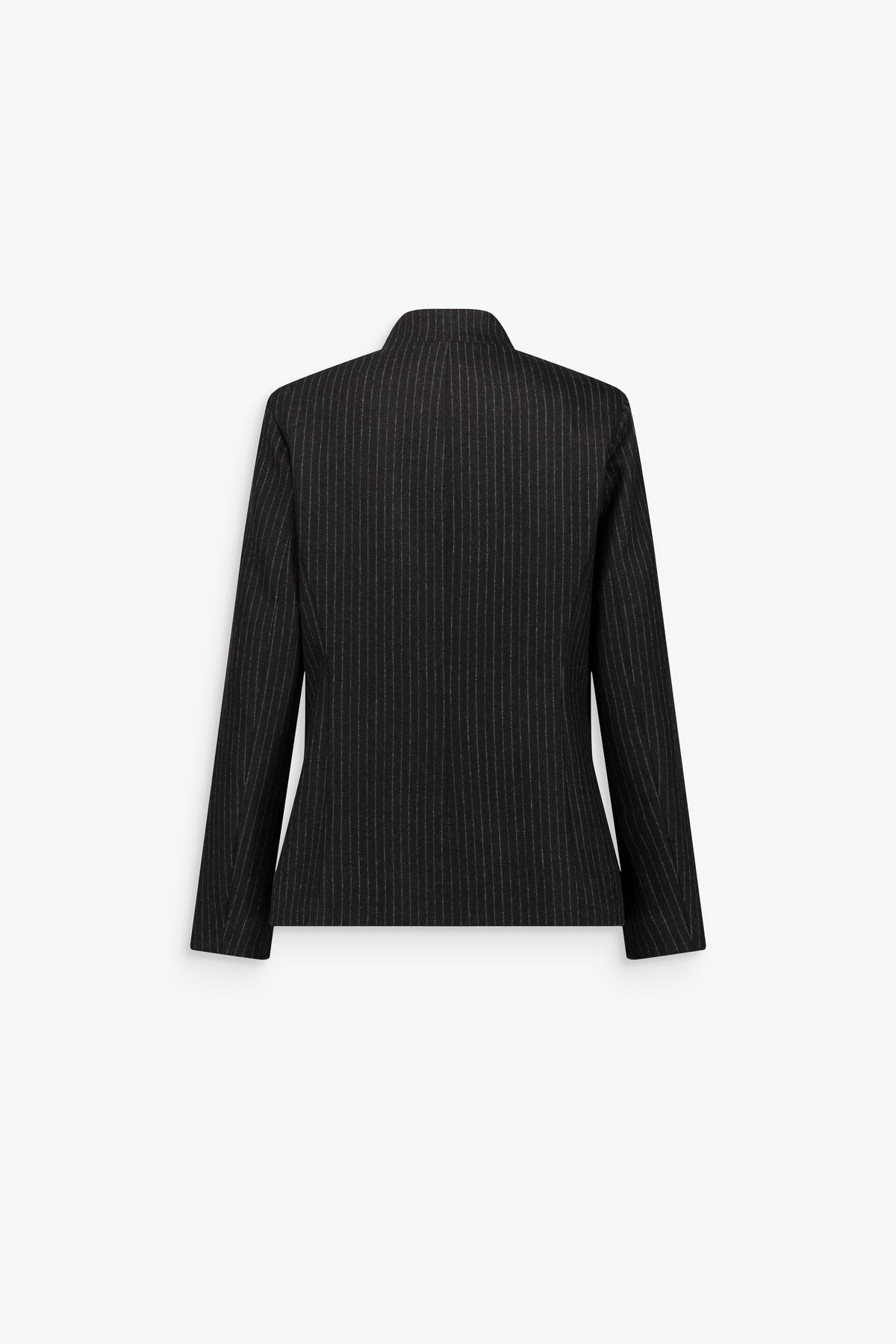 Veste cintrée noire en laine et cachemire, à col montant, fermeture boutonnée sur le devant, poches à rabat et fines rayures verticales.