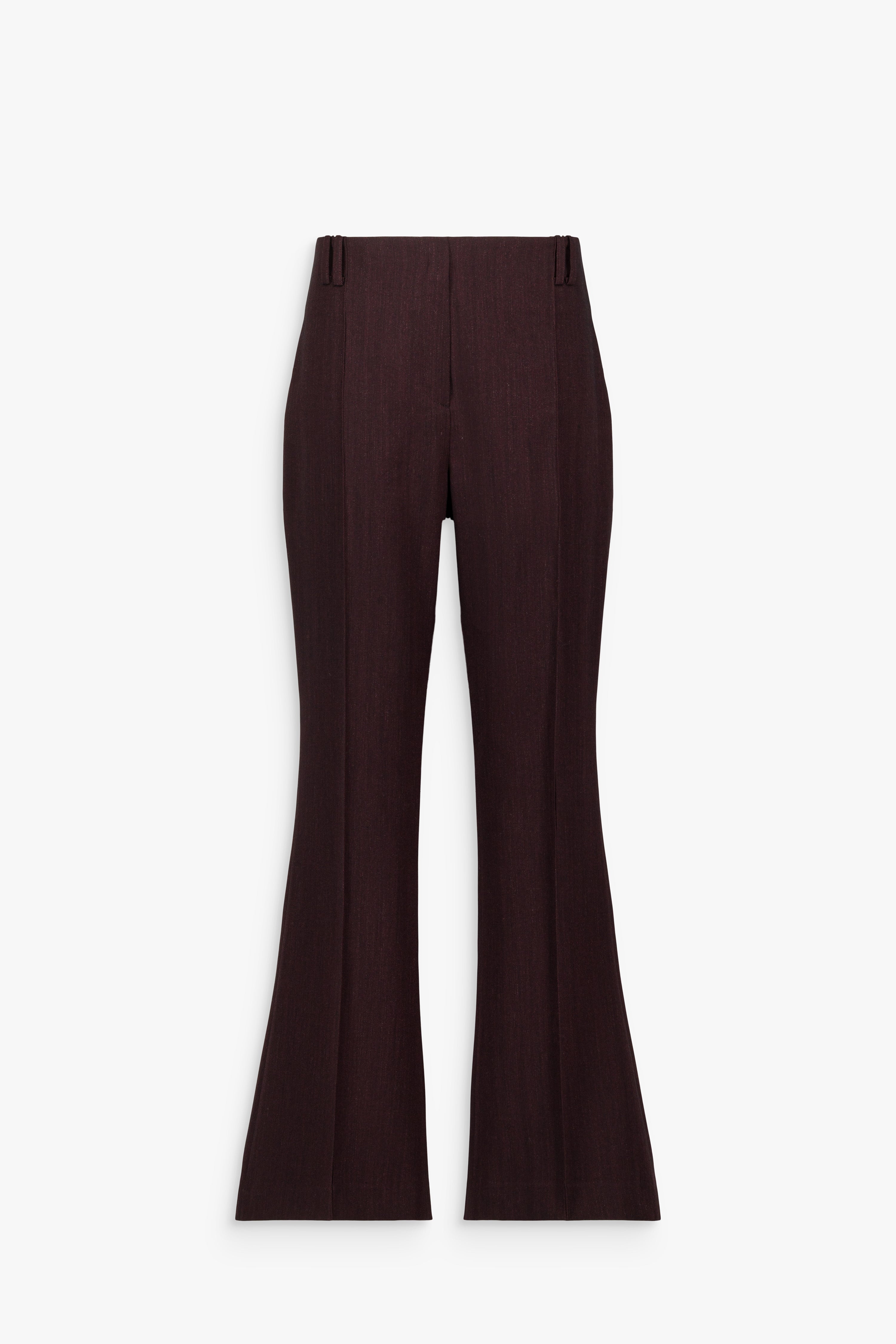 Pantalon droit grenat en laine et coton, à taille haute, plis marqués et poches passepoilées au dos.