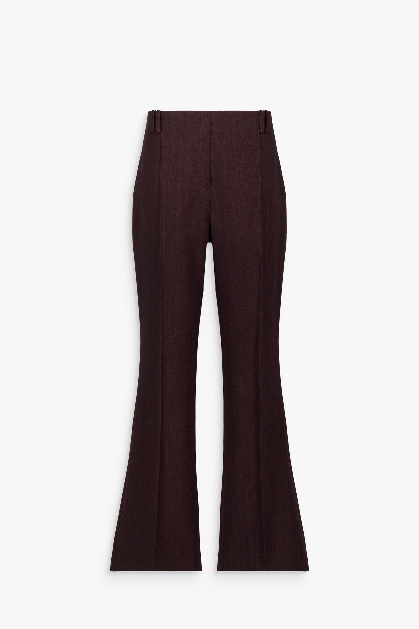 Pantalon droit grenat en laine et coton, à taille haute, plis marqués et poches passepoilées au dos.