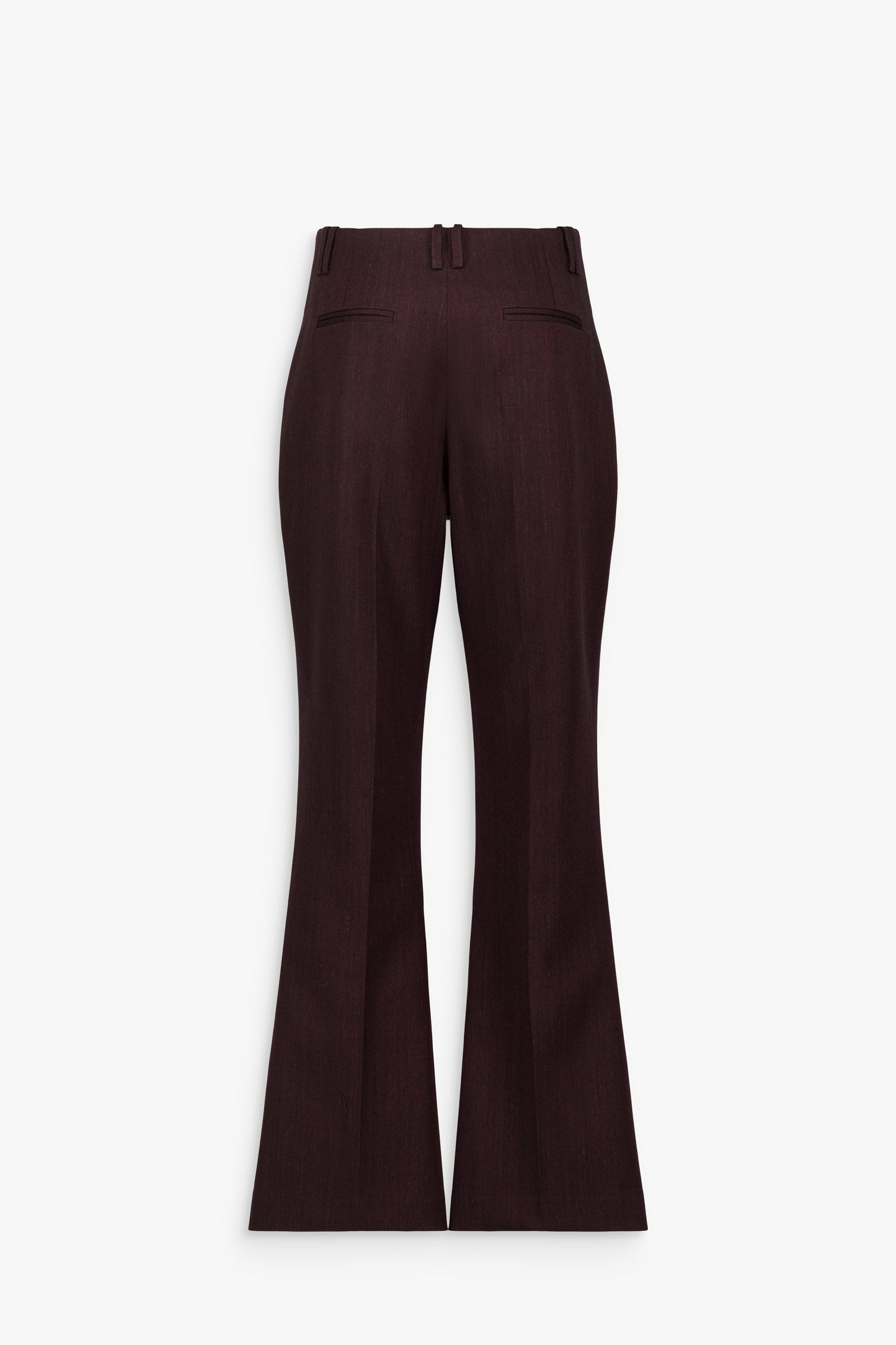 Pantalon droit grenat en laine et coton, à taille haute, plis marqués et poches passepoilées au dos.