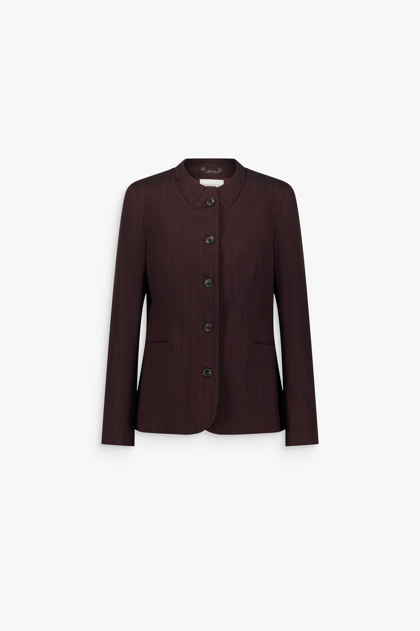 Veste droite grenat en laine et coton, à col chemise, boutonnage devant et manches longues.