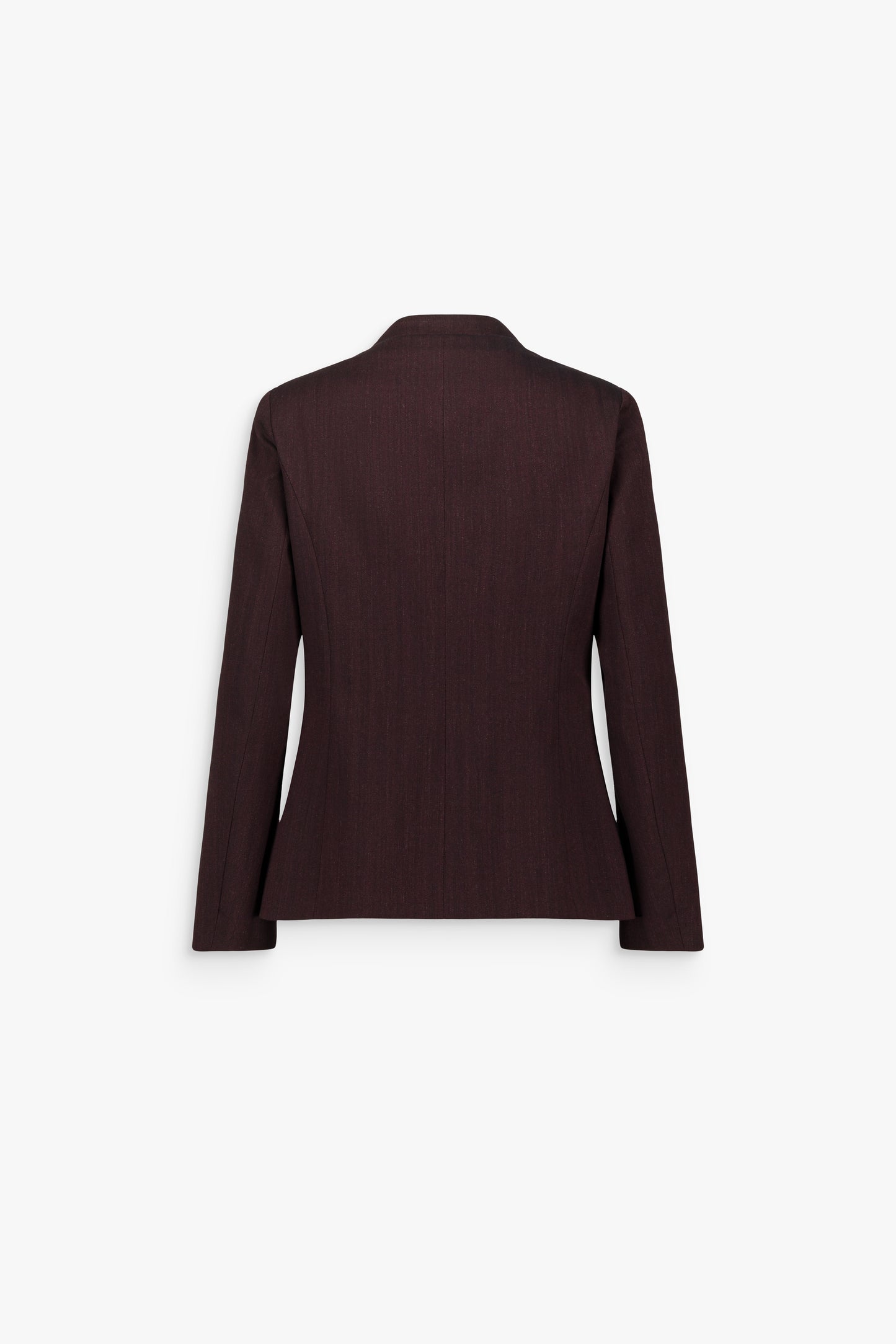 Veste droite grenat en laine et coton, à col chemise, boutonnage devant et manches longues.