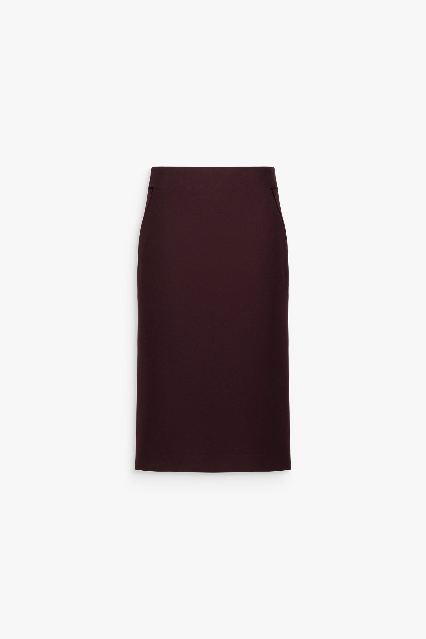 Jupe droite taille haute grenat, avec découpes latérales, longueur midi et fermeture zippée au dos.