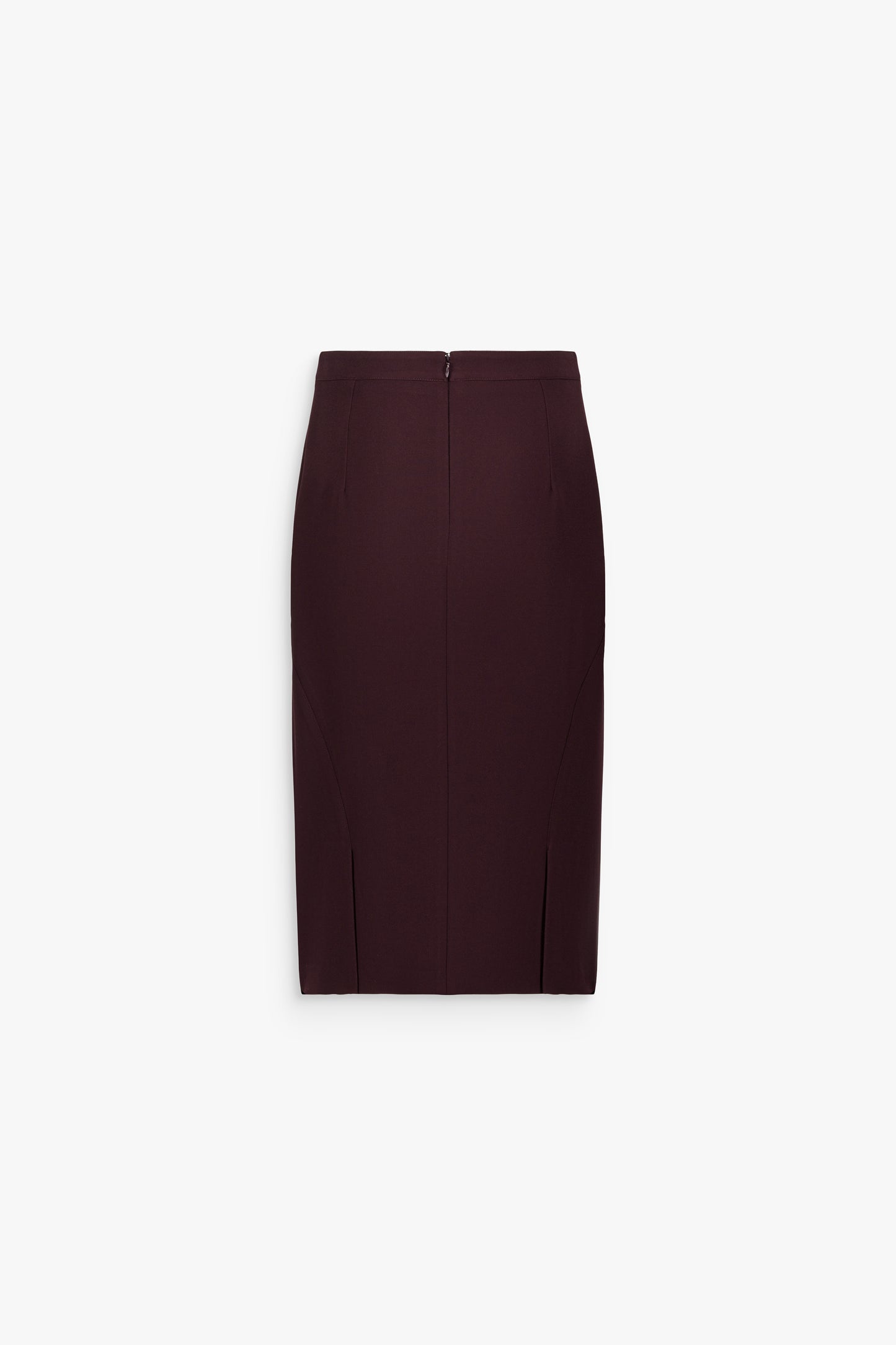 Jupe droite taille haute grenat, avec découpes latérales, longueur midi et fermeture zippée au dos.