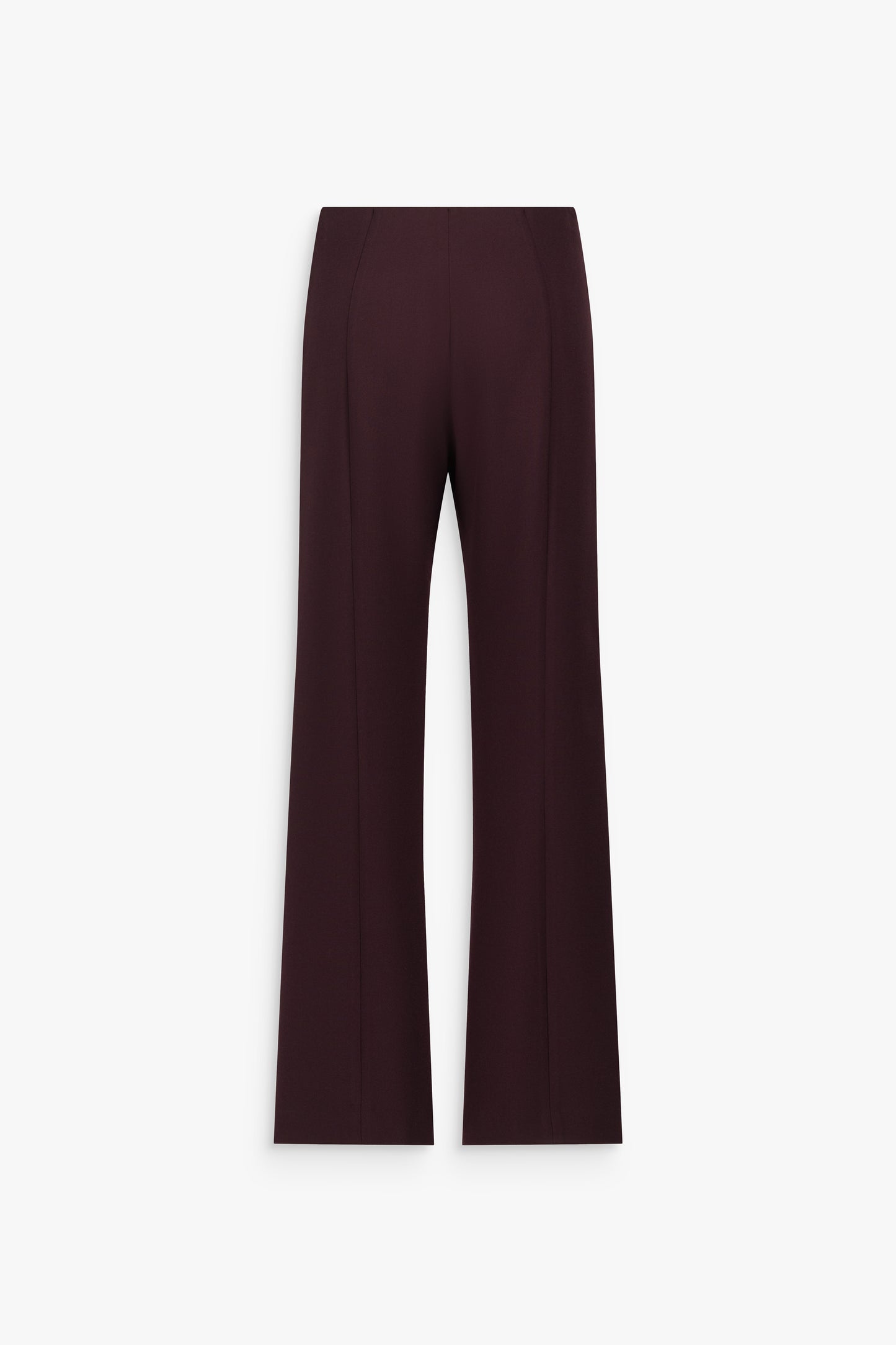 Pantalon taille haute grenat à coupe droite légèrement évasée, jambes longues et plis marqués sur le devant.