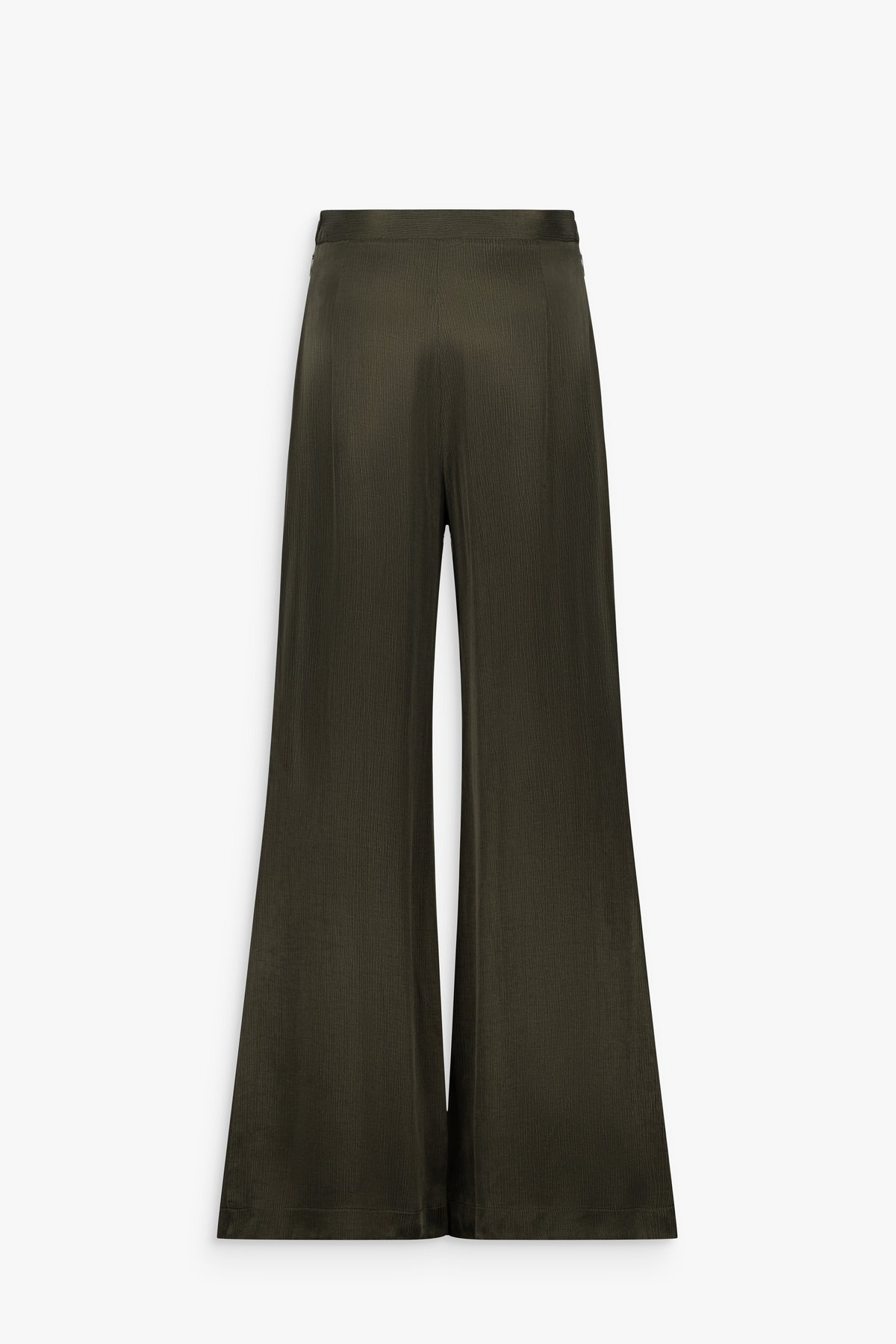 Pantalon taille haute évasé en cupro rayé lustré kaki