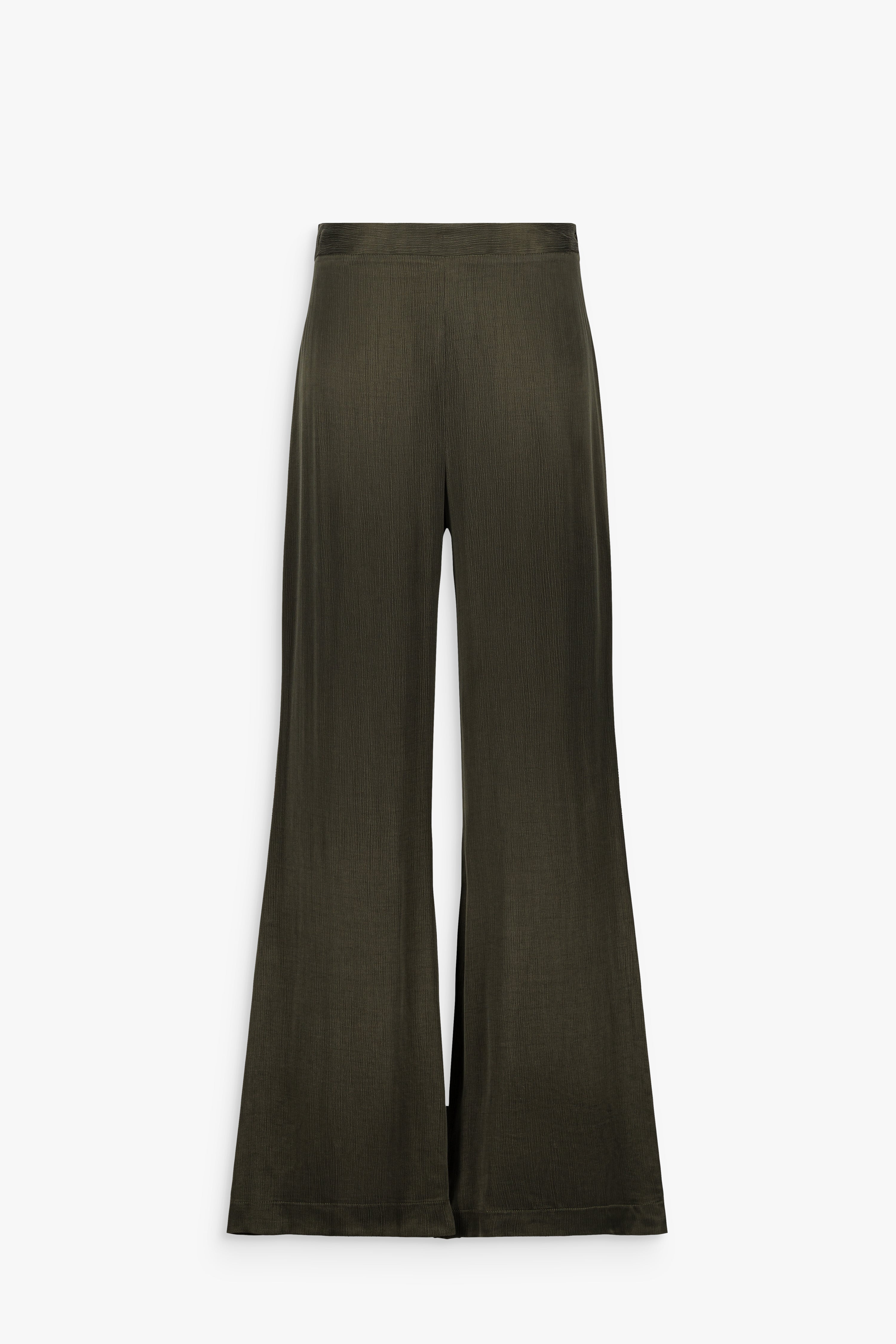Pantalon taille haute évasé en cupro rayé lustré kaki