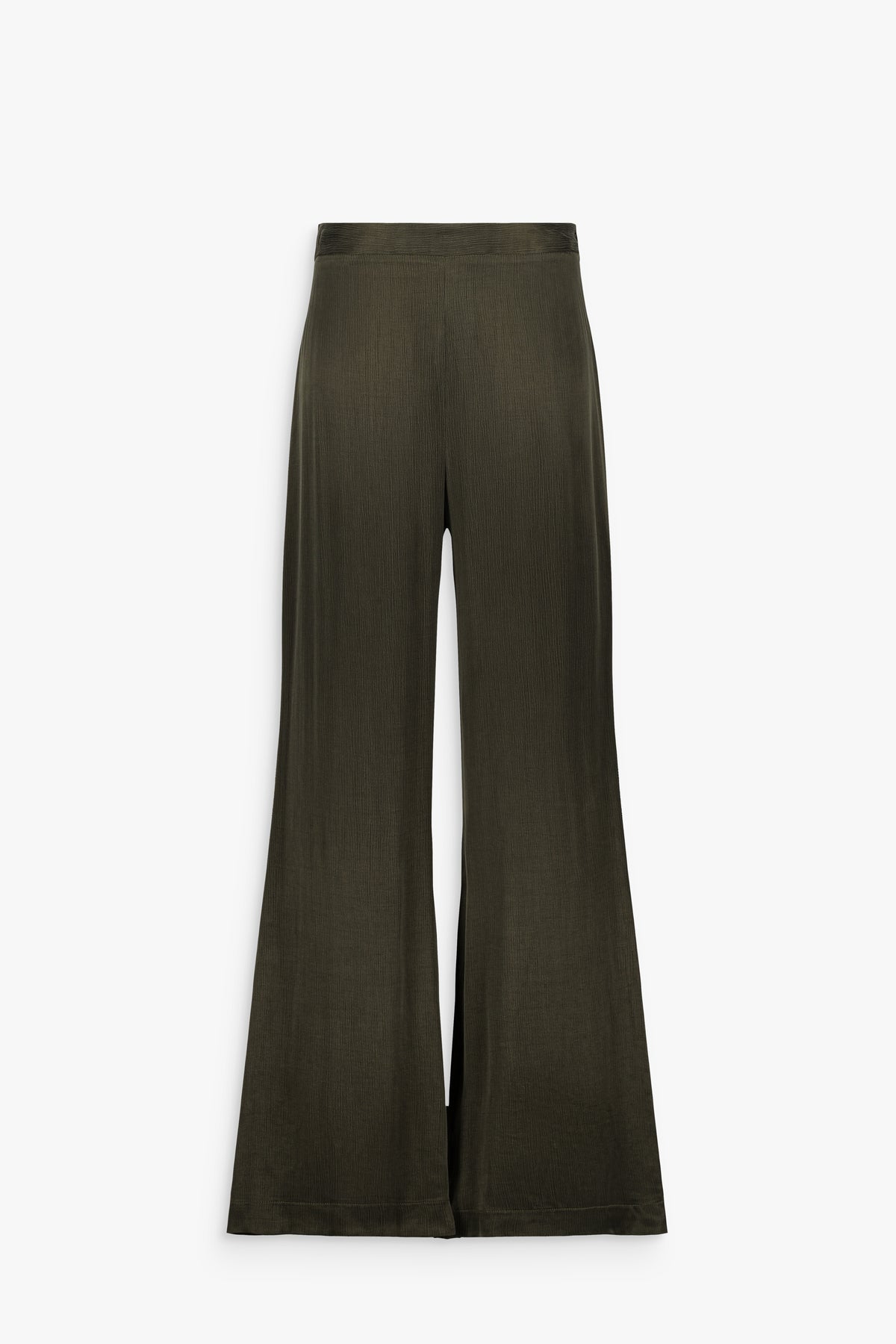 Pantalon taille haute évasé en cupro rayé lustré kaki