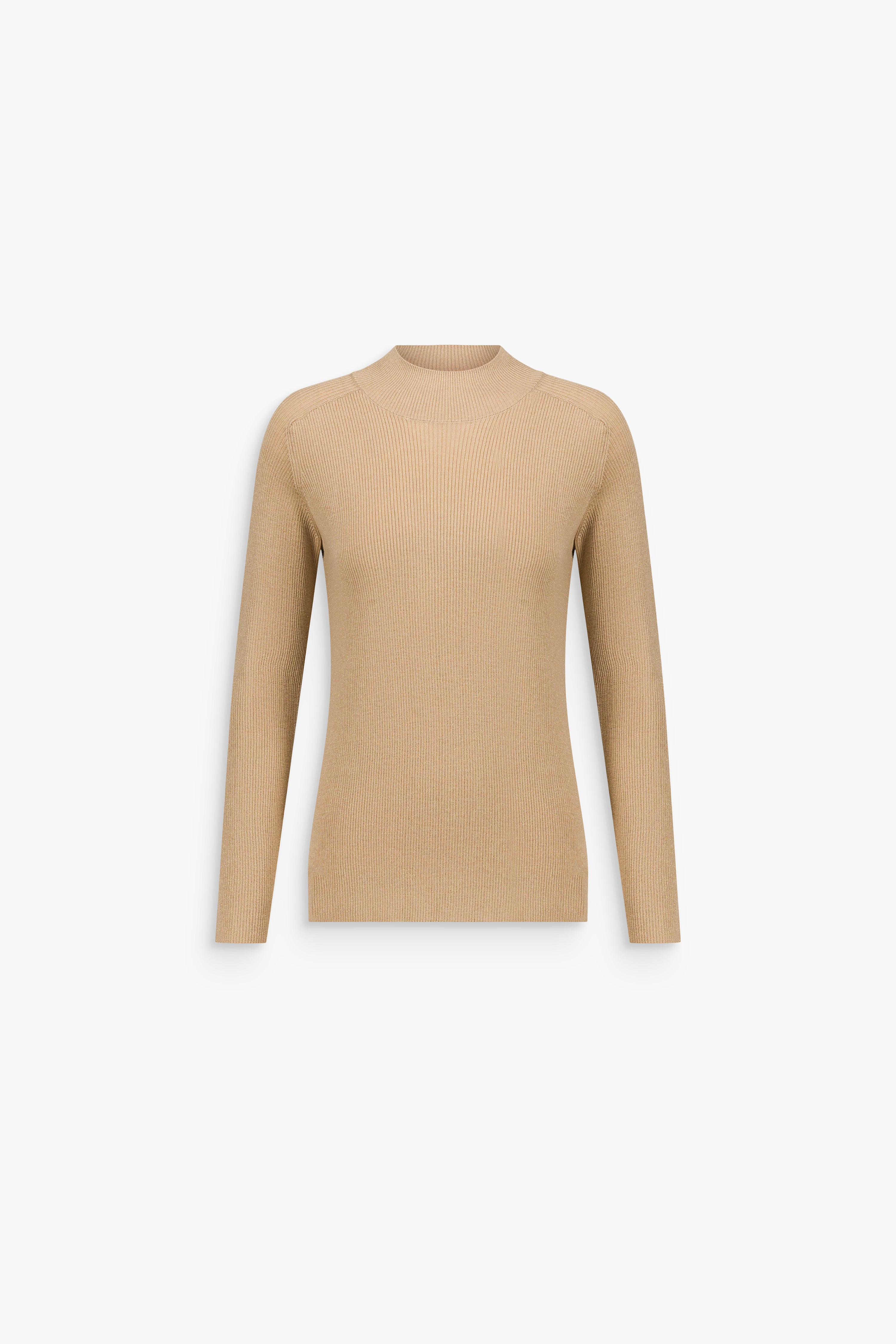 Pull long beige moyen en laine mérinos et lurex, à col roulé, manches longues et détails hotfix sur le devant.