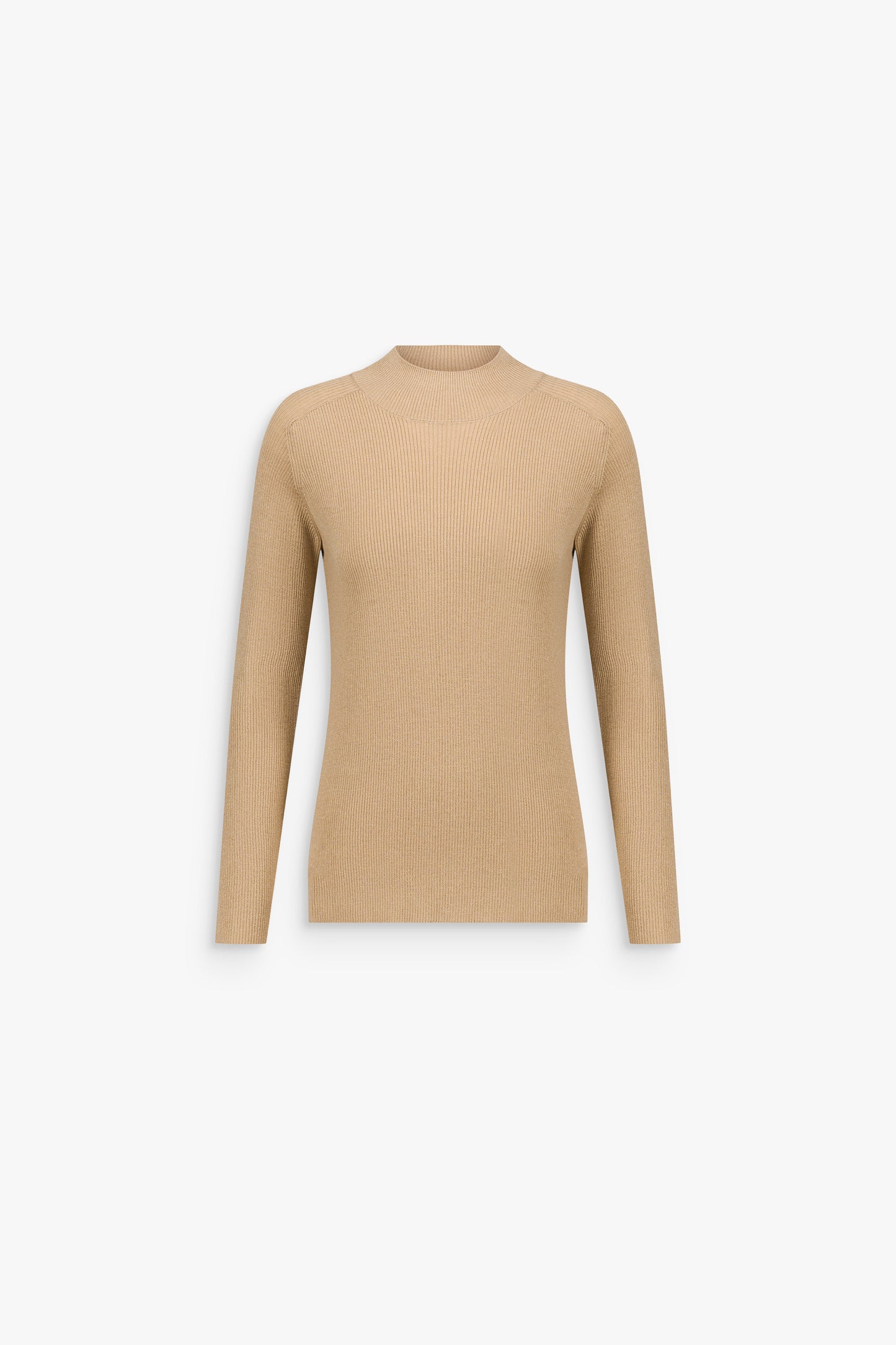 Pull long beige moyen en laine mérinos et lurex, à col roulé, manches longues et détails hotfix sur le devant.