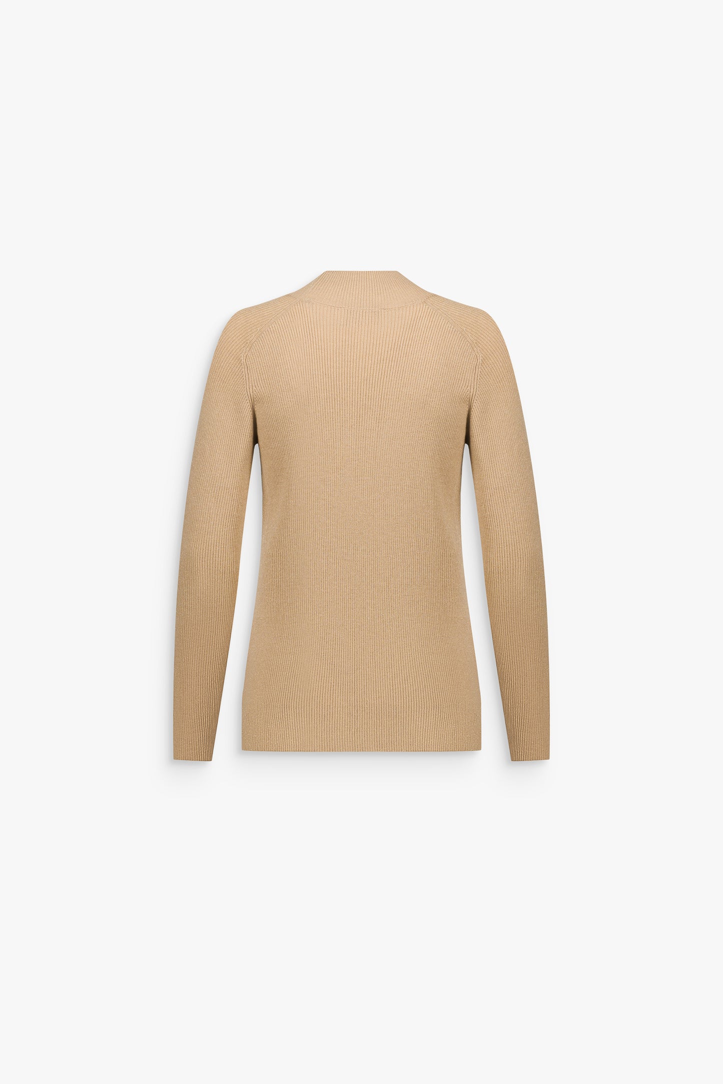 Pull long beige moyen en laine mérinos et lurex, à col roulé, manches longues et détails hotfix sur le devant.