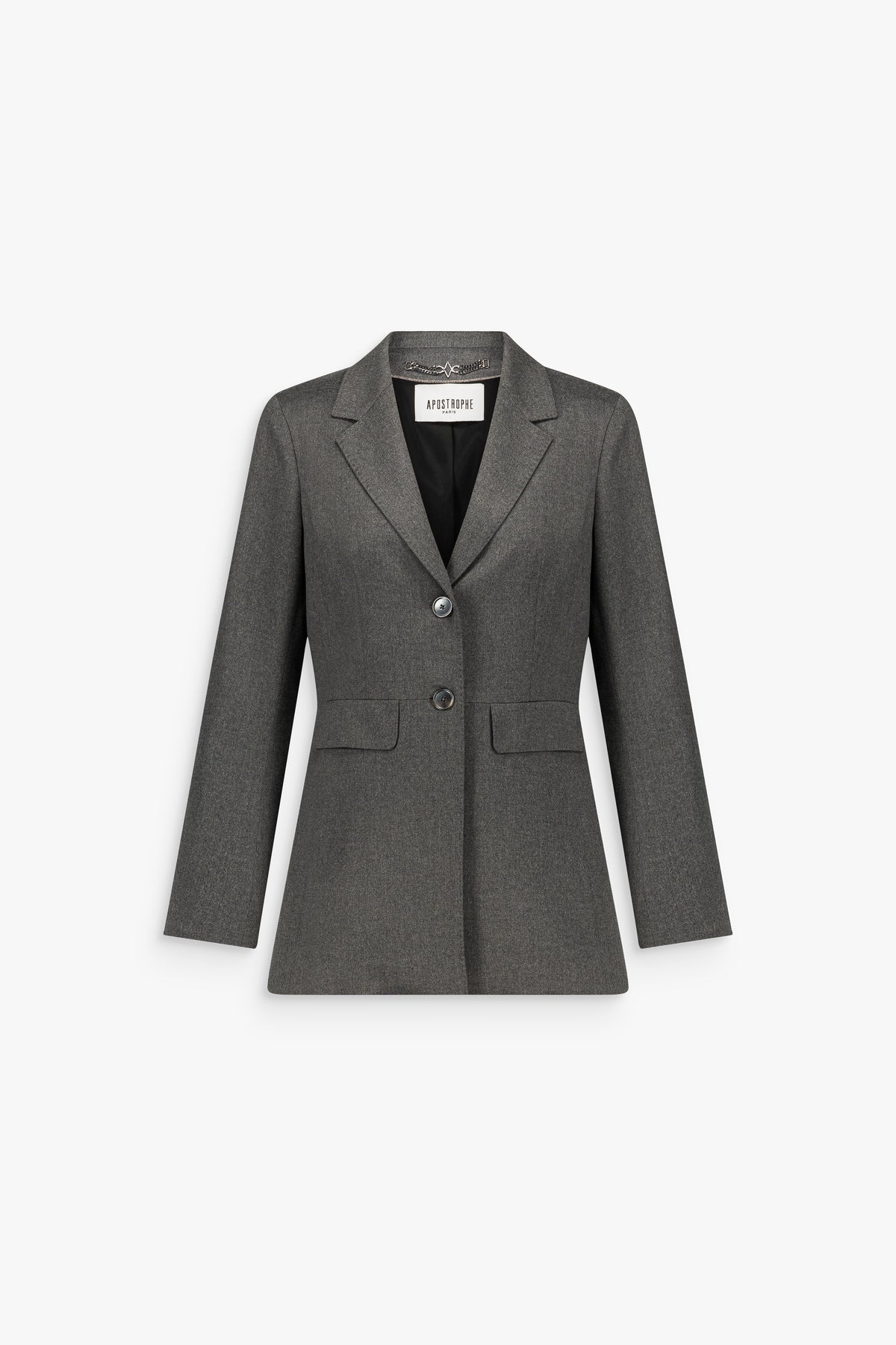Veste tailleur cintrée gris moyen en laine, à revers crantés, fermeture à deux boutons, poches à rabat et pinces de cintrage.