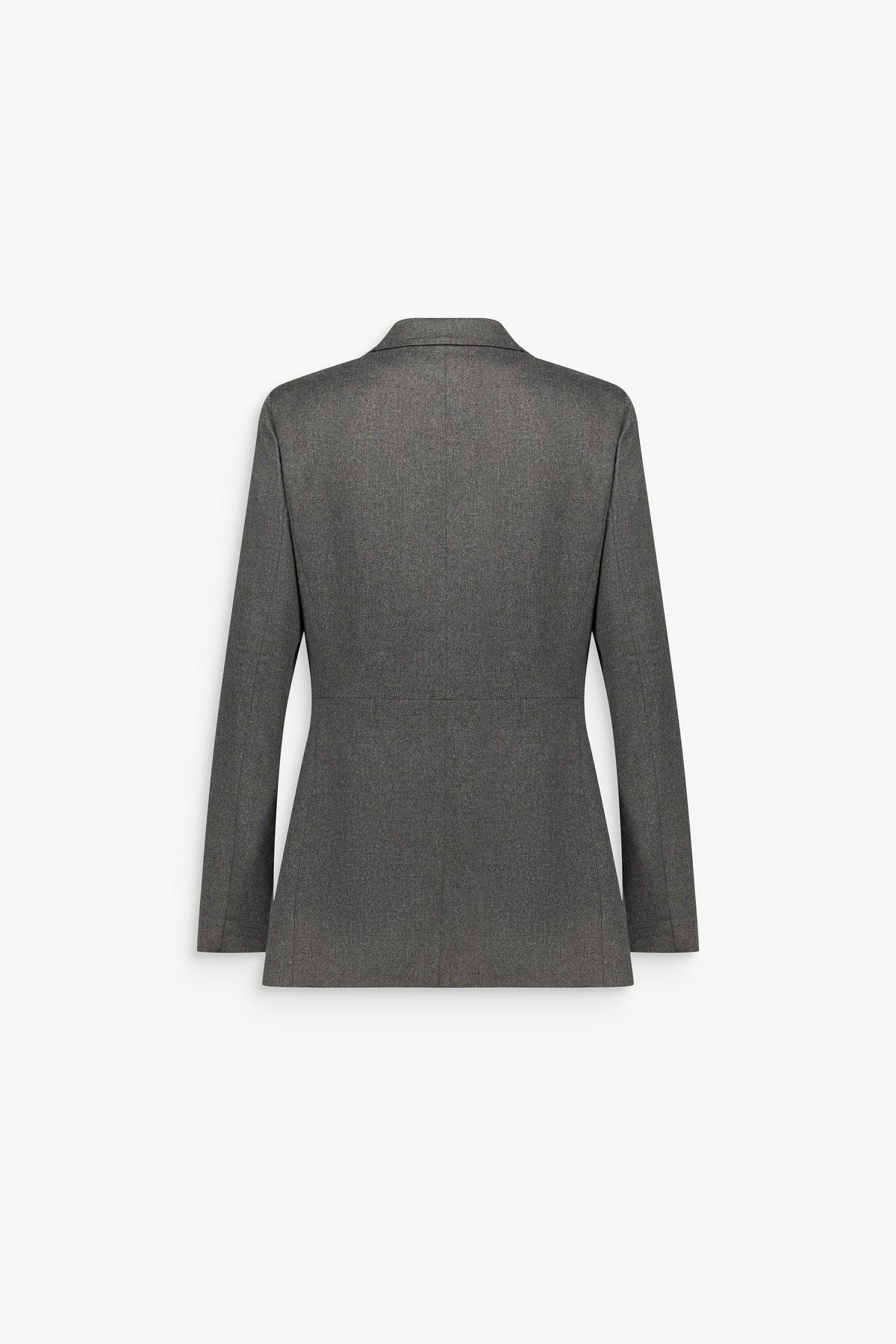 Veste tailleur cintrée gris moyen en laine, à revers crantés, fermeture à deux boutons, poches à rabat et pinces de cintrage.