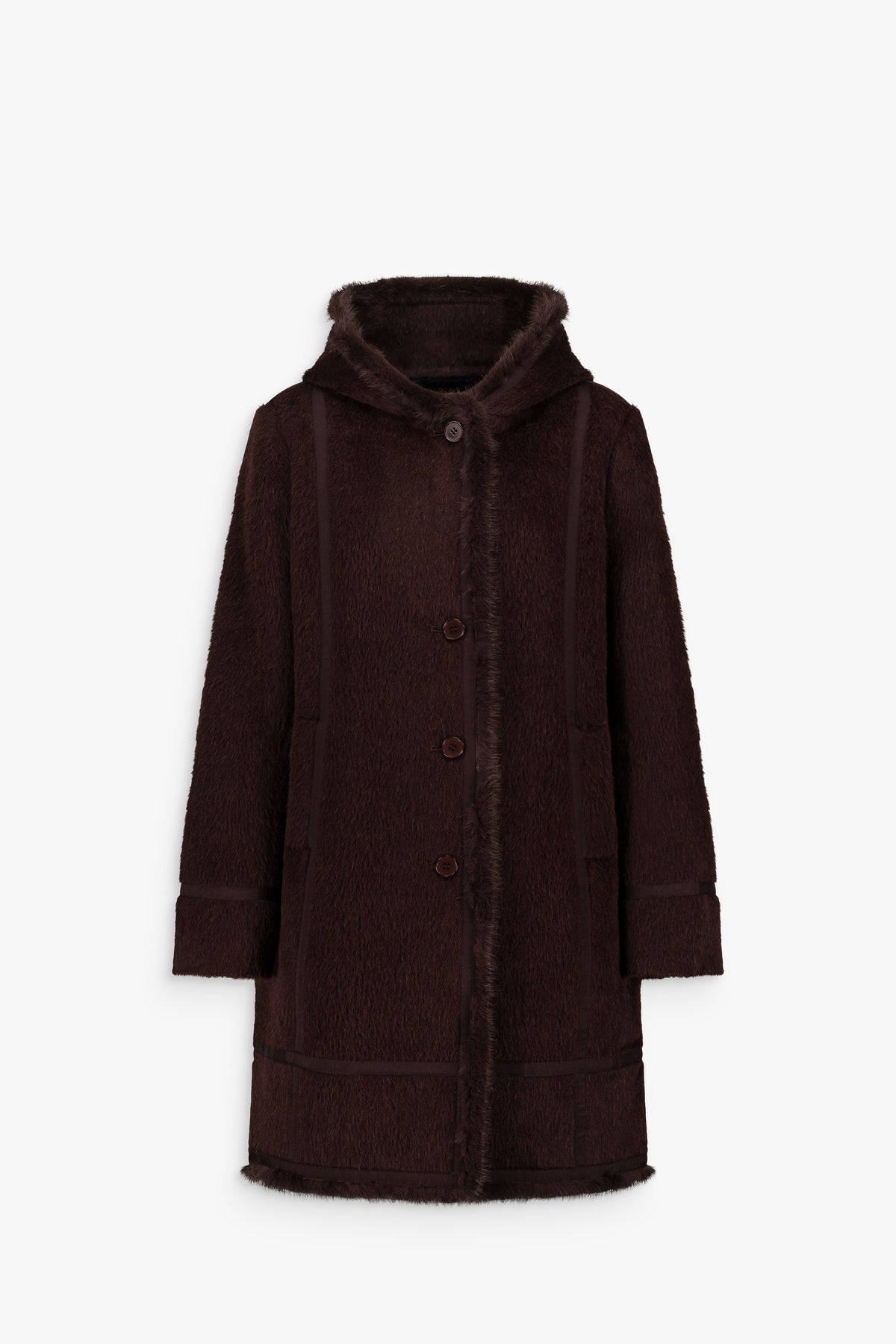Manteau mi-long à capuche en alpaga et laine grenat