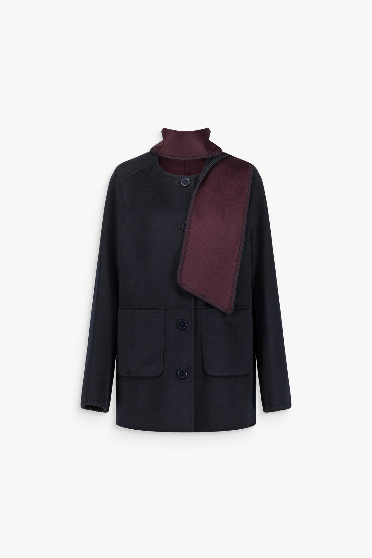 Manteau court à écharpe en laine et cachemire marine