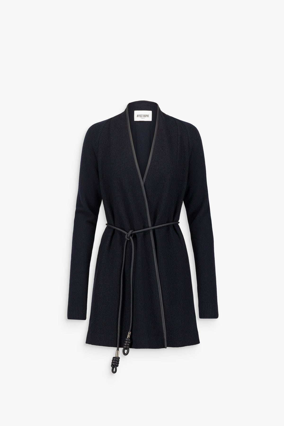 Manteau long droit à col mao en laine marine