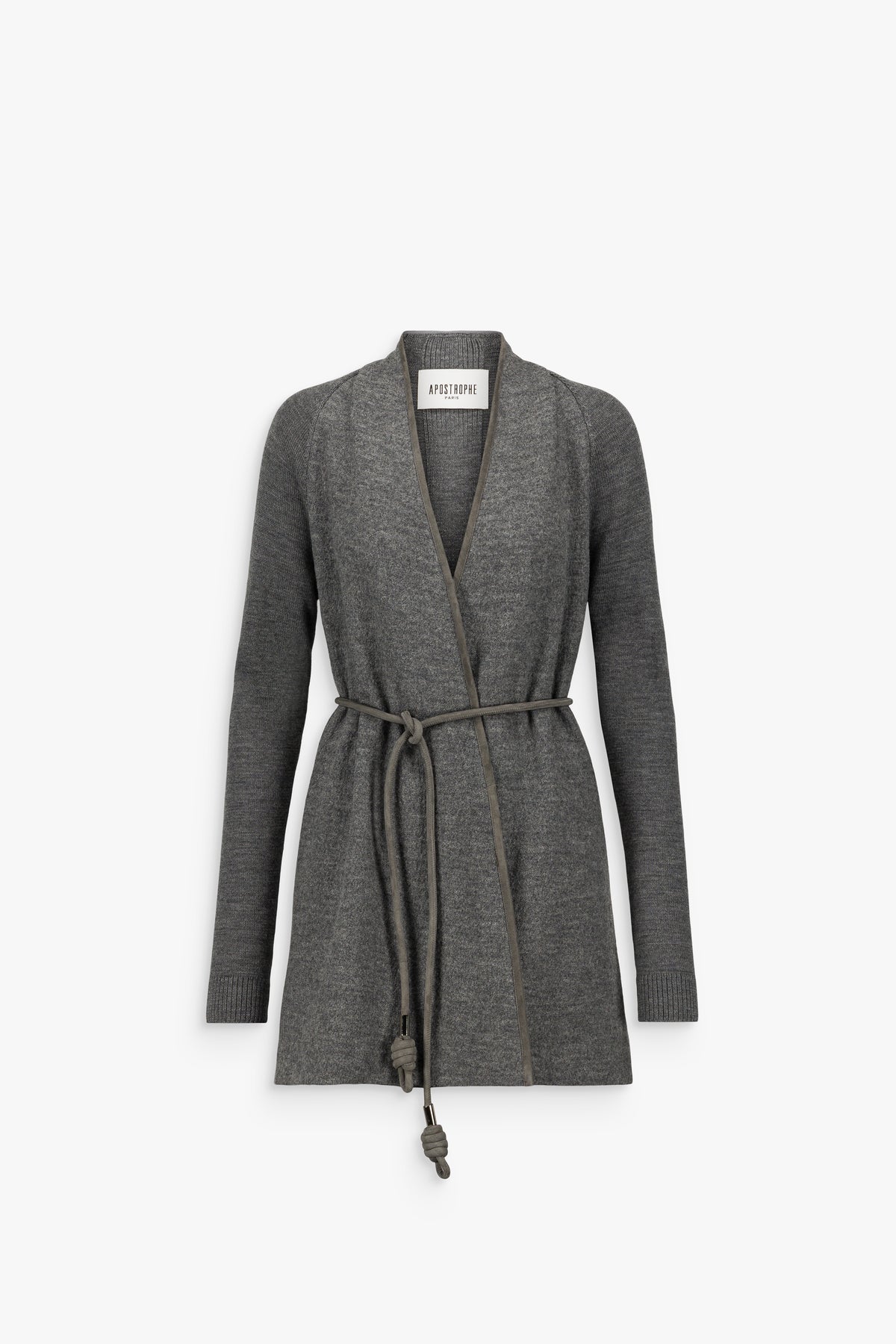 Manteau long droit à col mao en laine gris moyen