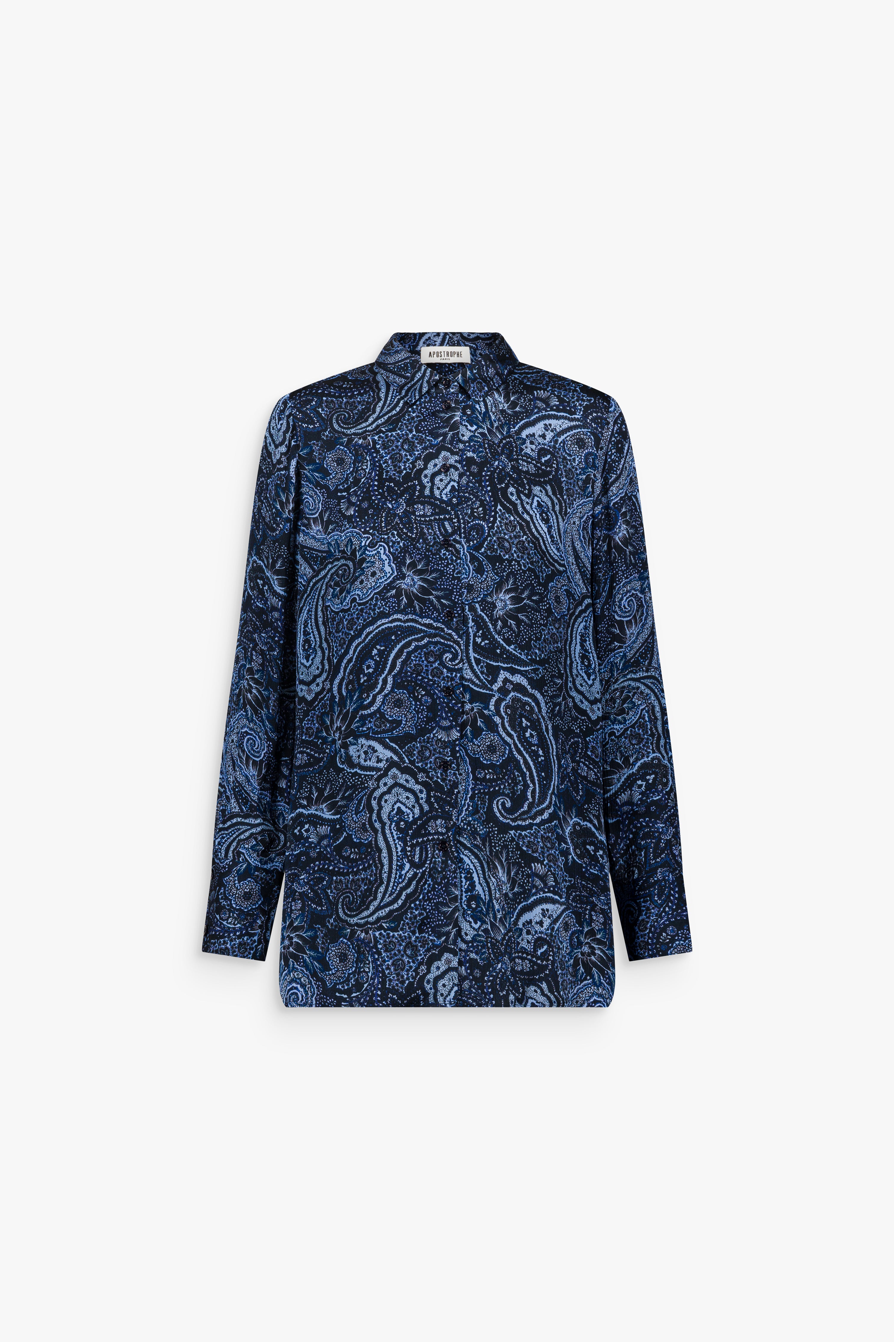 Chemise droite imprimée marine à col classique, fermeture boutonnée, manches longues et camisole intérieure assortie.