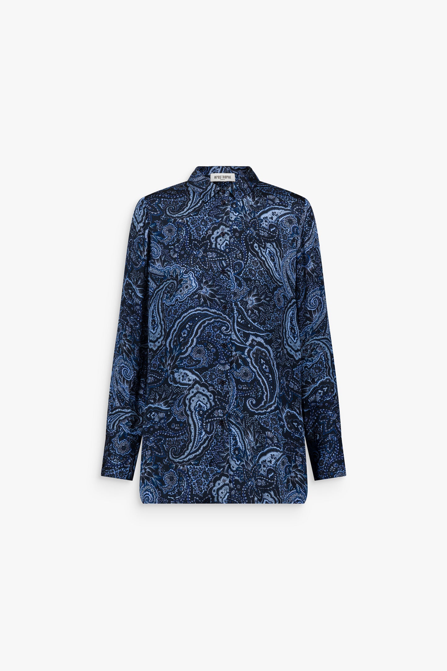 Chemise droite imprimée marine à col classique, fermeture boutonnée, manches longues et camisole intérieure assortie.