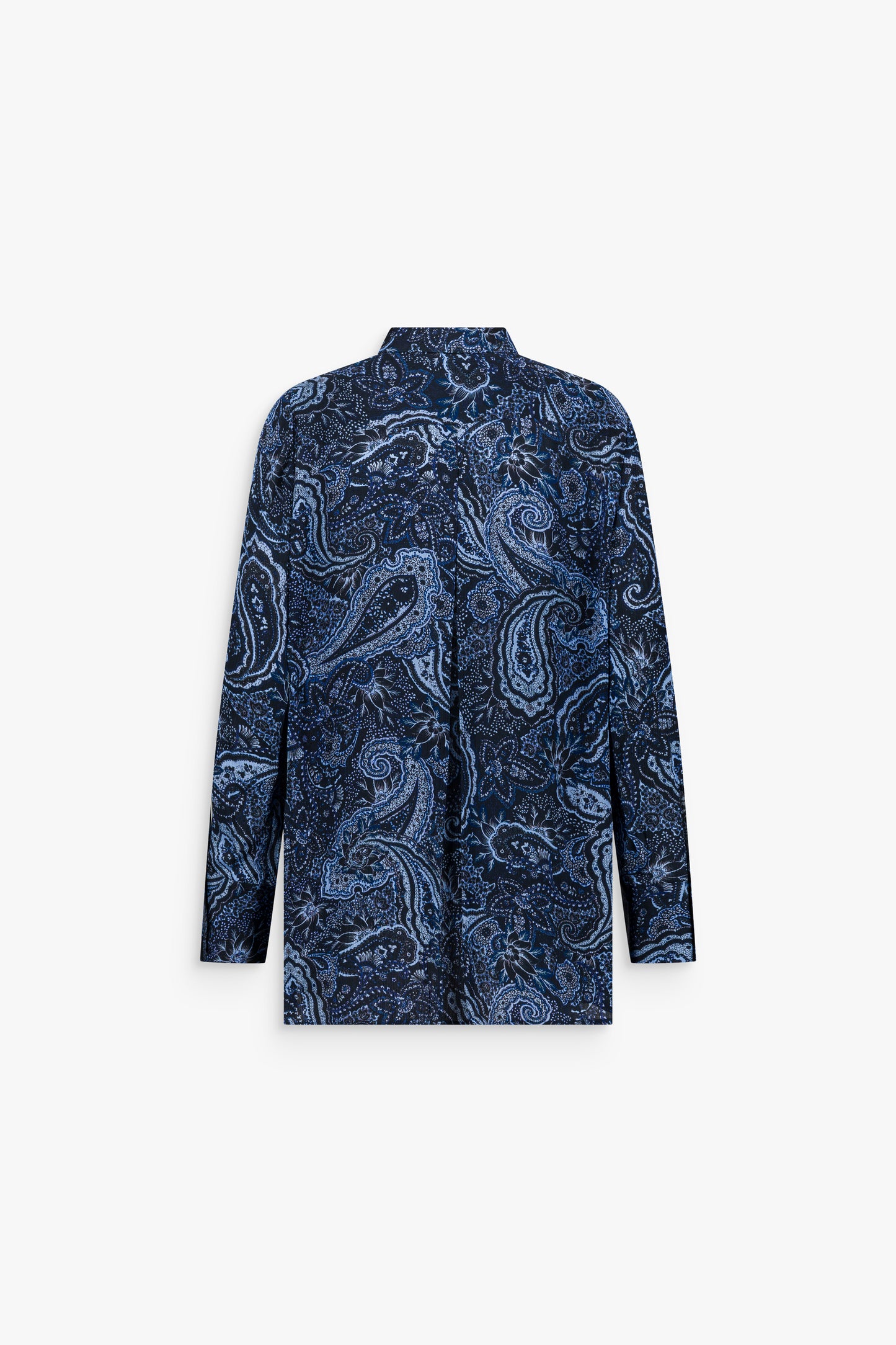 Chemise droite imprimée marine à col classique, fermeture boutonnée, manches longues et camisole intérieure assortie.