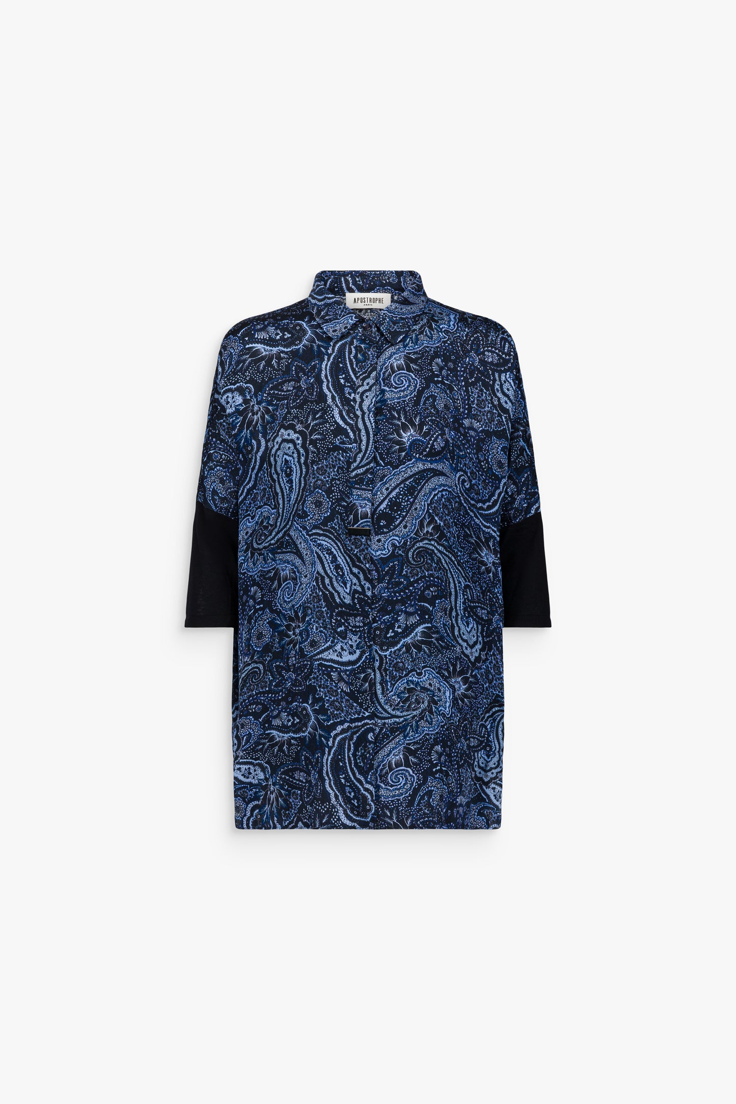 Chemise tunique oversize marine imprimée, avec poches plaquées sur le devant et manches en maille.
