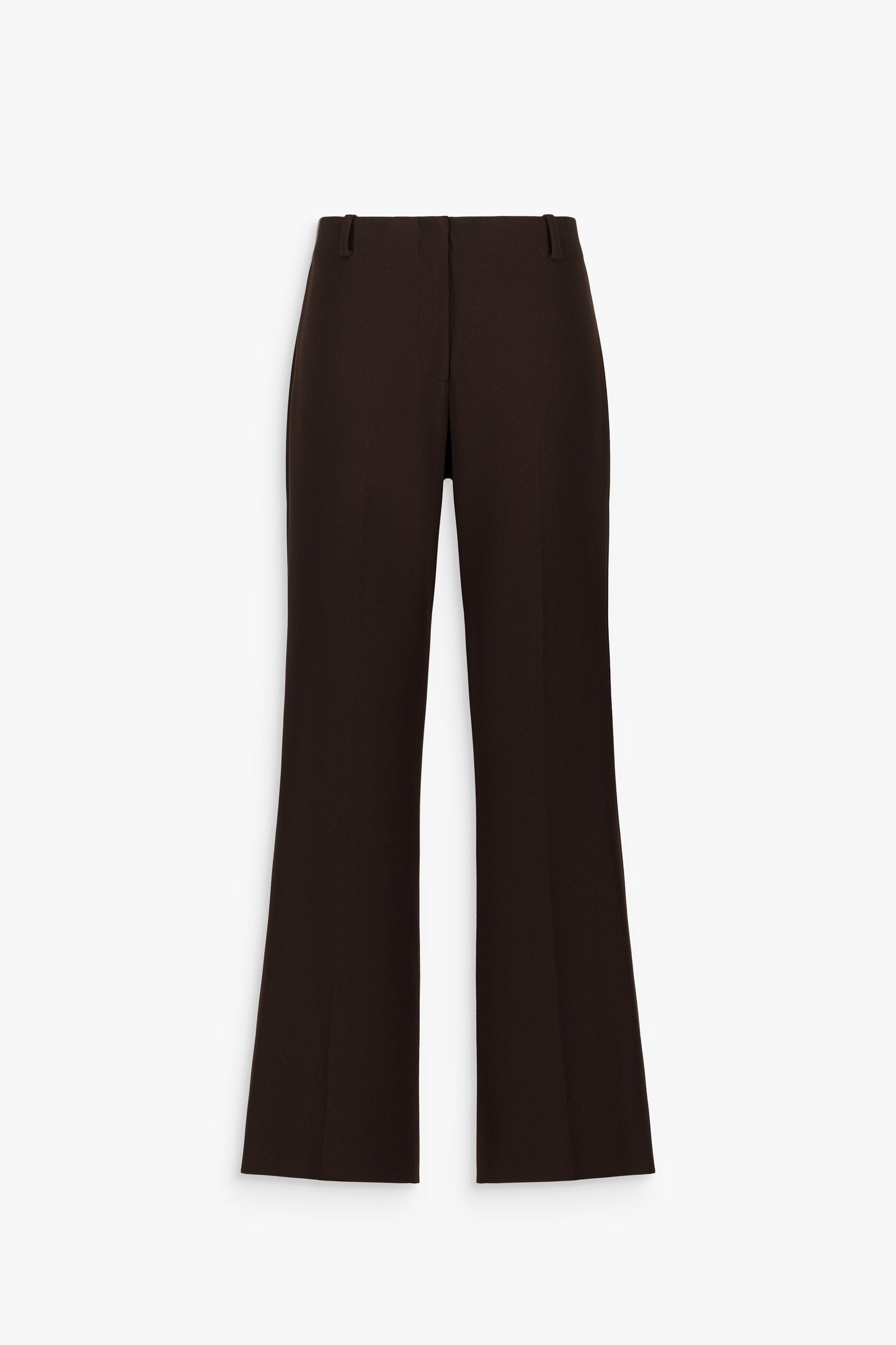 Pantalon tailleur droit marron à taille haute, plis marqués et braguette zippée sur le devant.