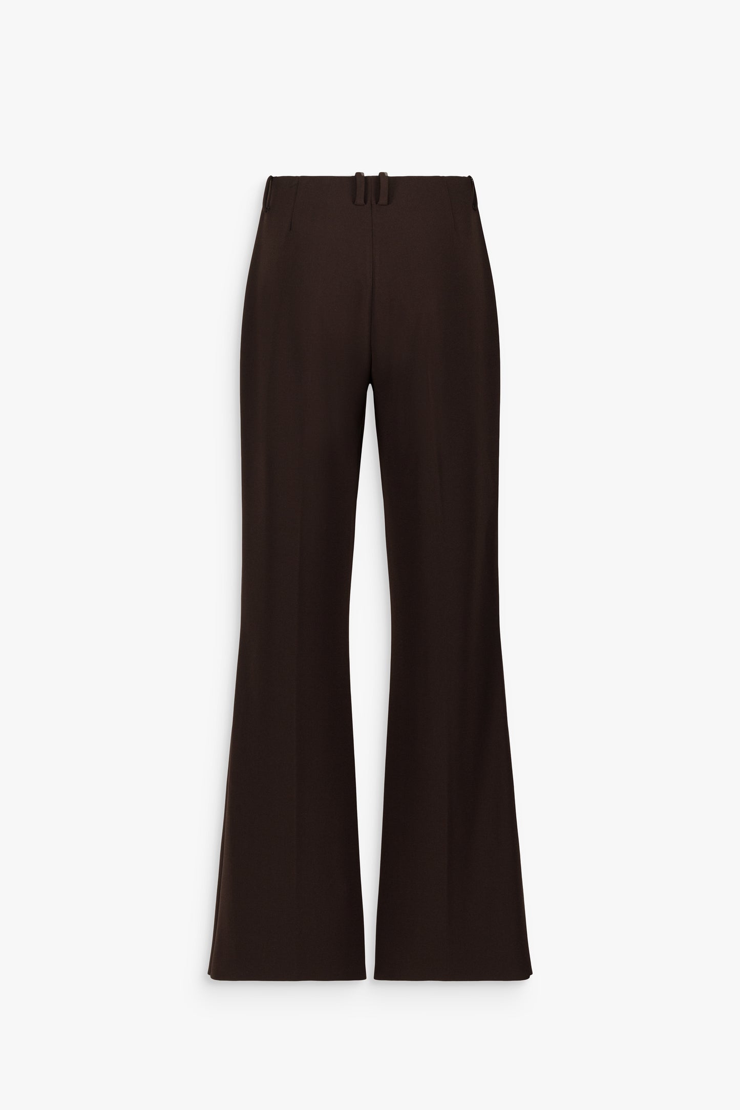 Pantalon tailleur droit marron à taille haute, plis marqués et braguette zippée sur le devant.