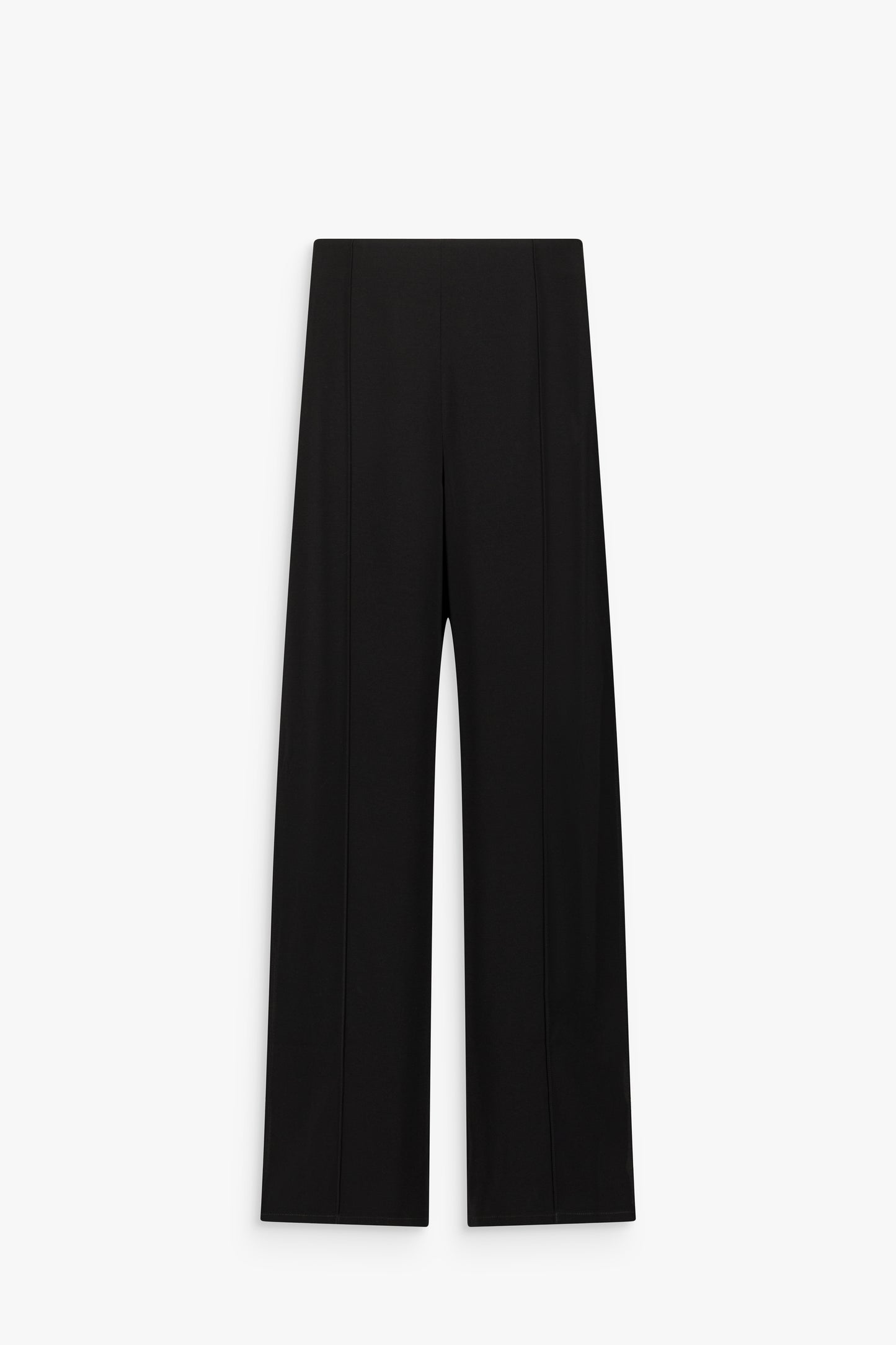 Pantalon noir à taille haute, coupe droite et plis centraux sur les jambes, avec fermeture zippée invisible sur le côté.