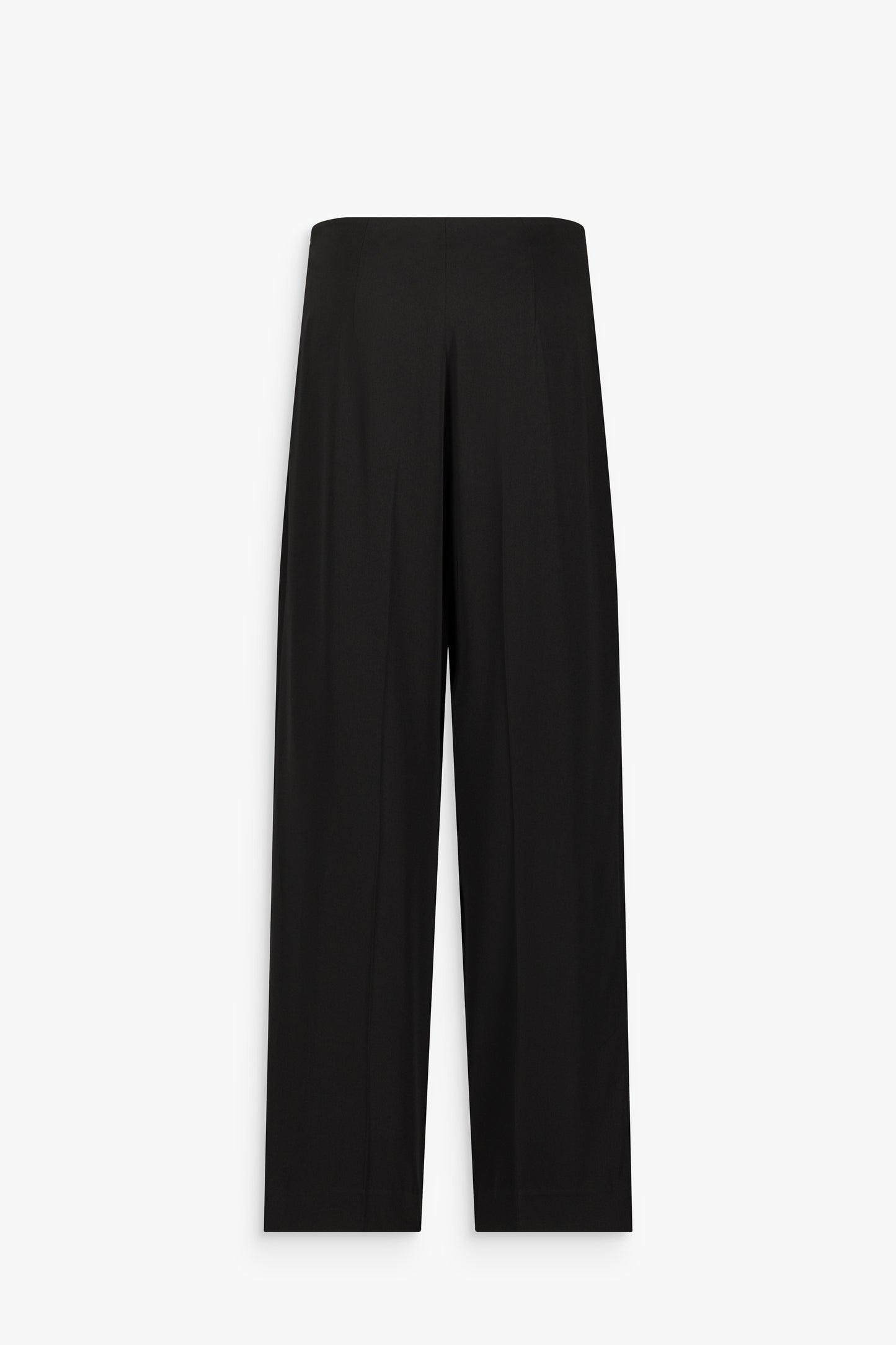 Pantalon noir à taille haute, coupe droite et plis centraux sur les jambes, avec fermeture zippée invisible sur le côté.
