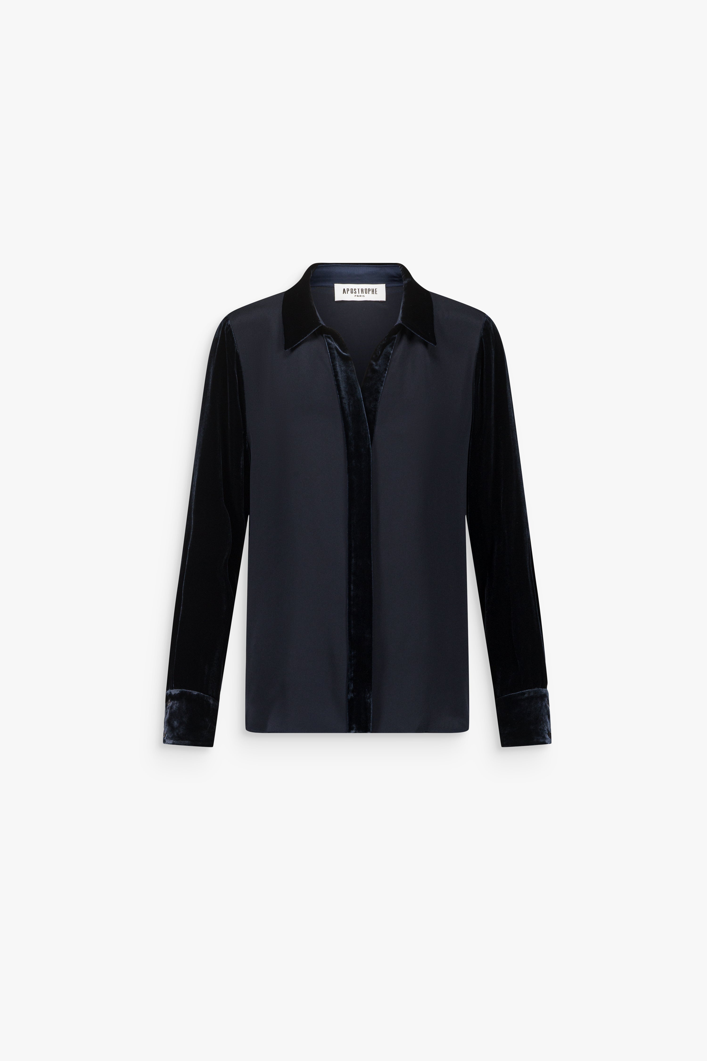 Chemise bi-matière soie et velours marine