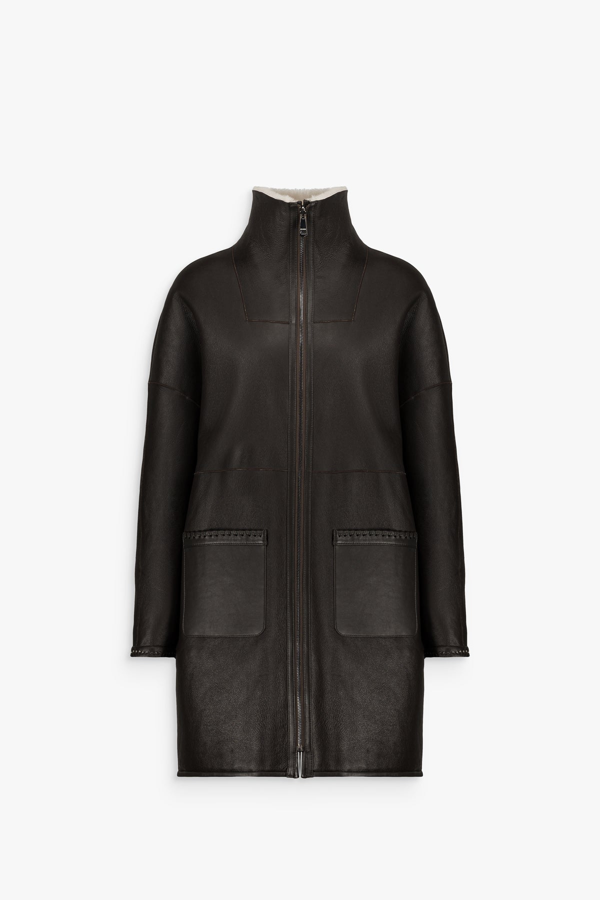 Manteau zippé à col chemise en peau lainée marron foncé