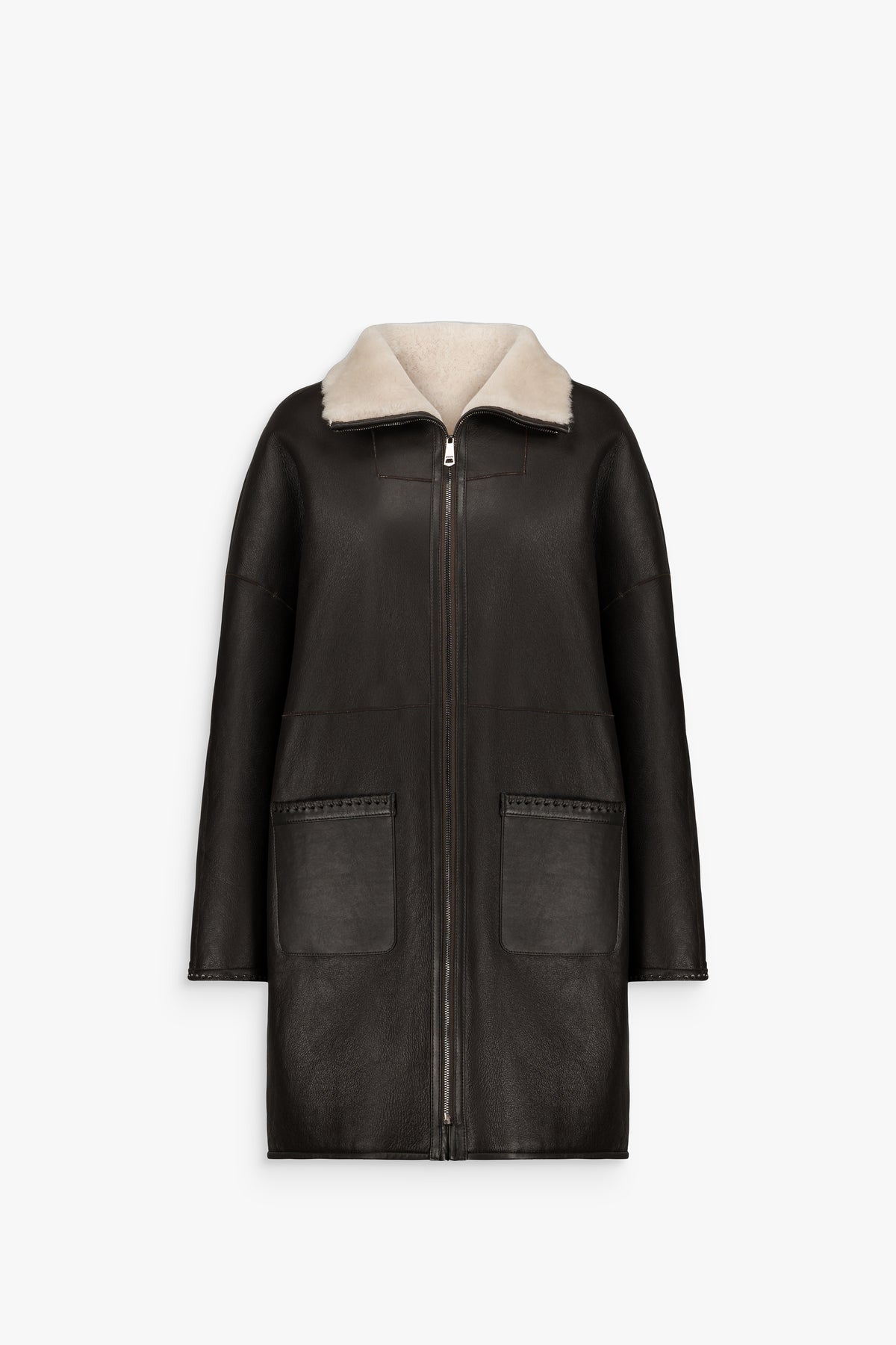 Manteau zippé à col chemise en peau lainée marron foncé