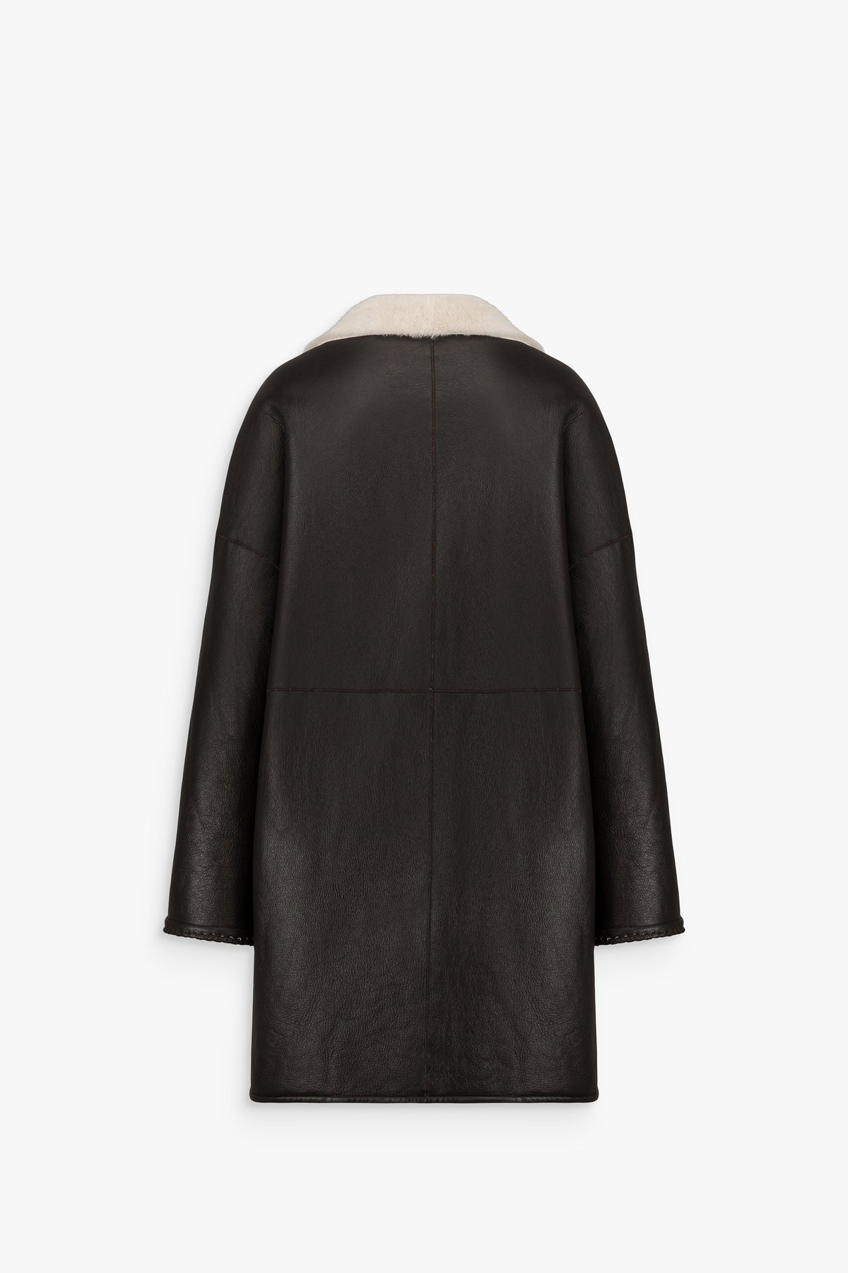 Manteau zippé à col chemise en peau lainée marron foncé