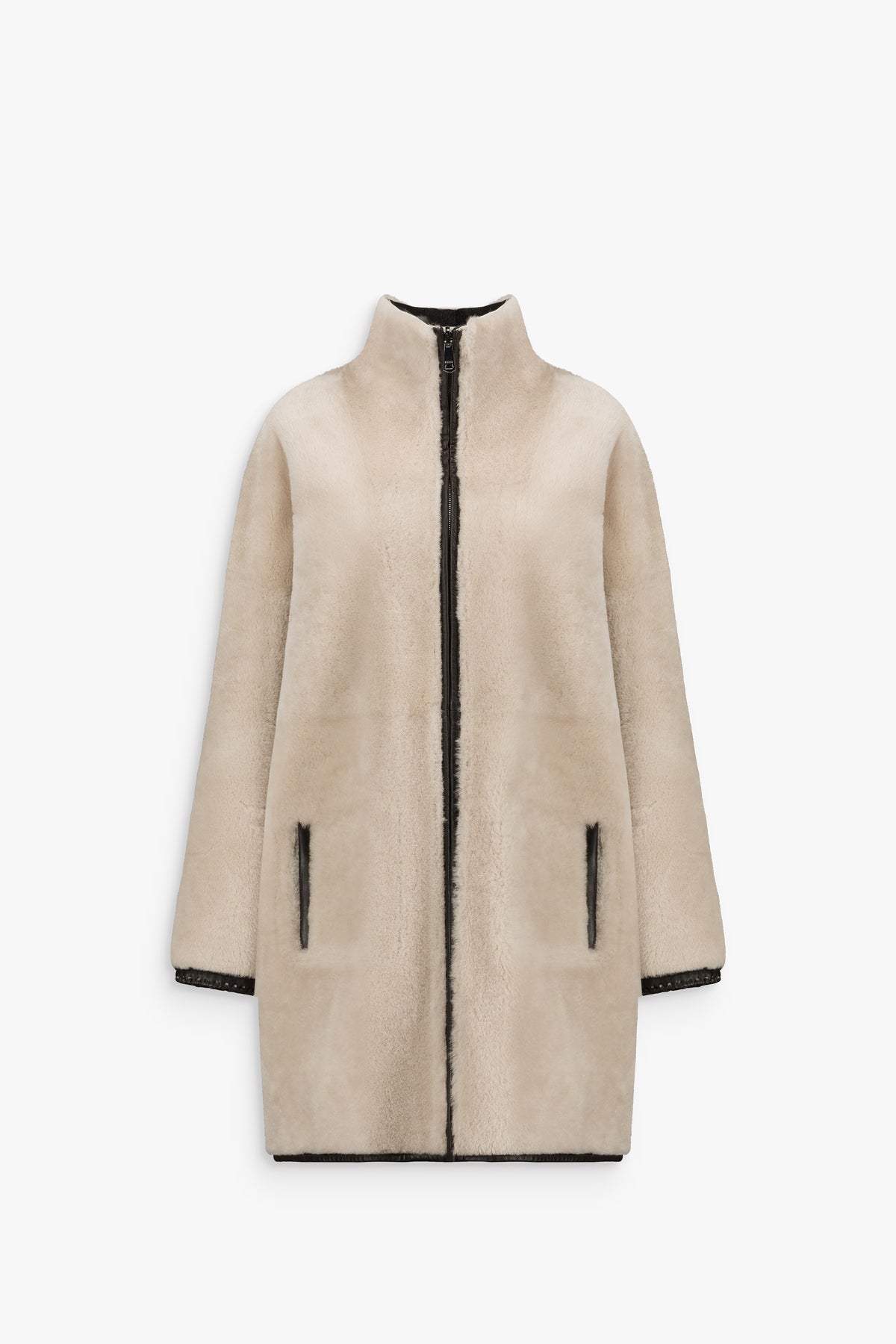 Manteau zippé à col chemise en peau lainée marron foncé