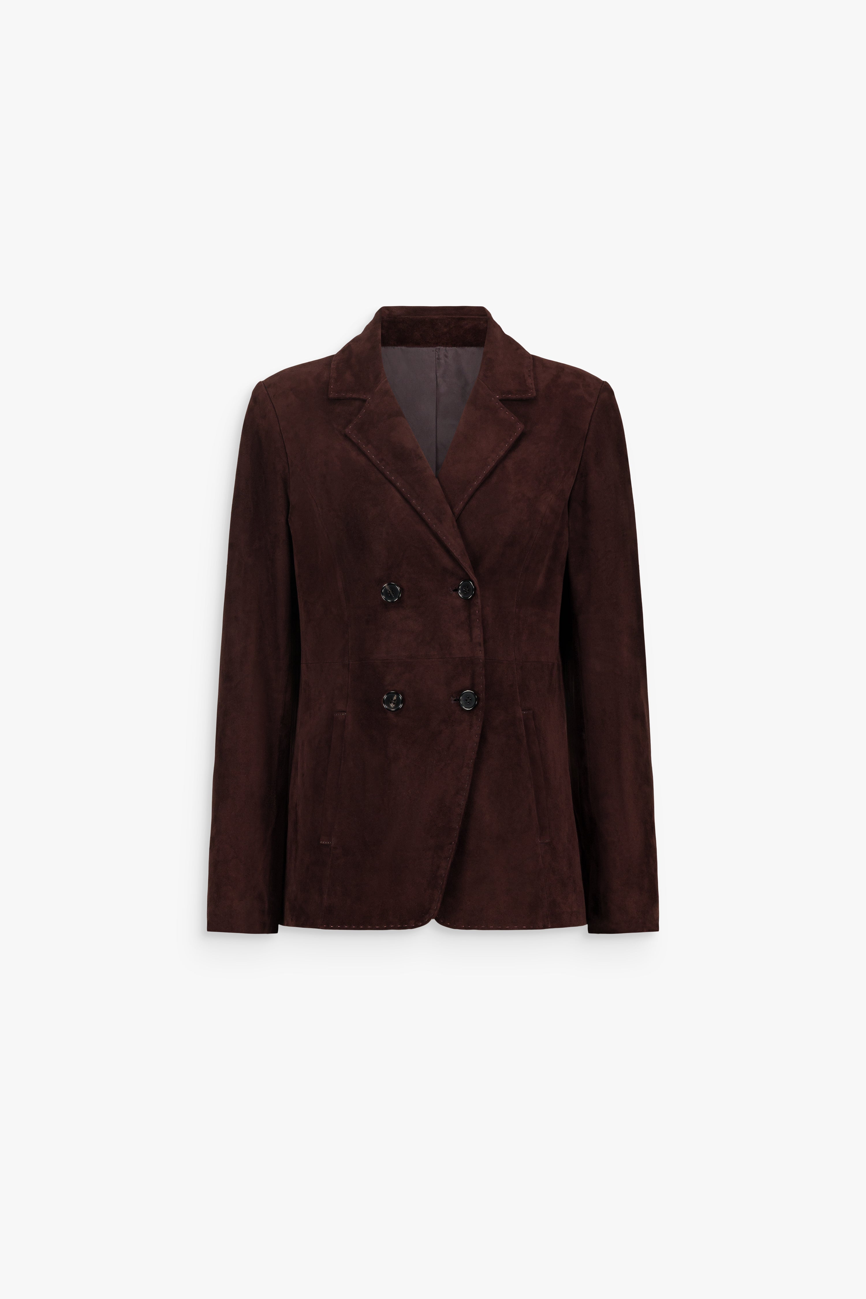 Veste droite croisée en daim grenat, à revers crantés, double boutonnage, découpes verticales et poches passepoilées.
