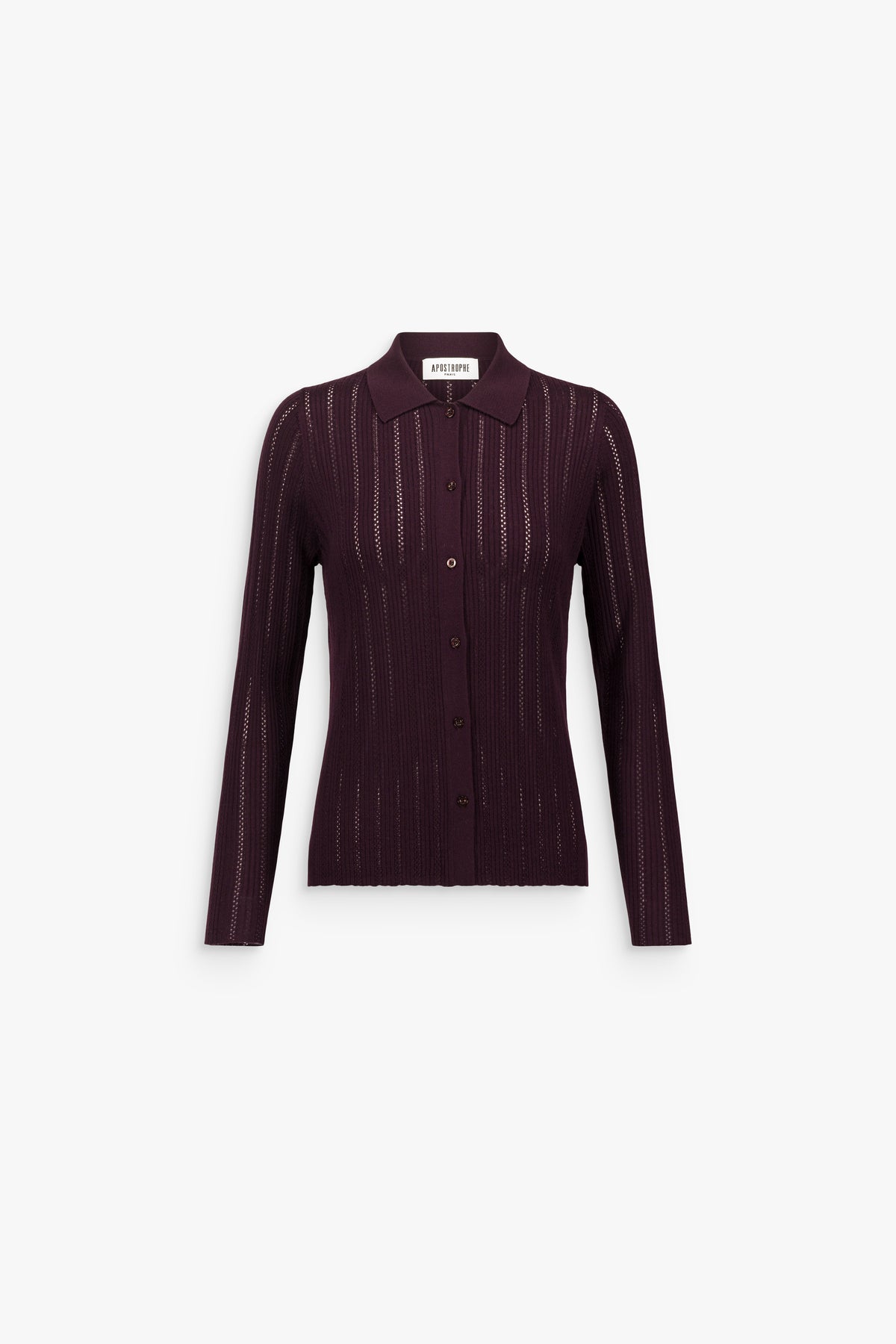Cardigan en maille ajourée col chemise grenat