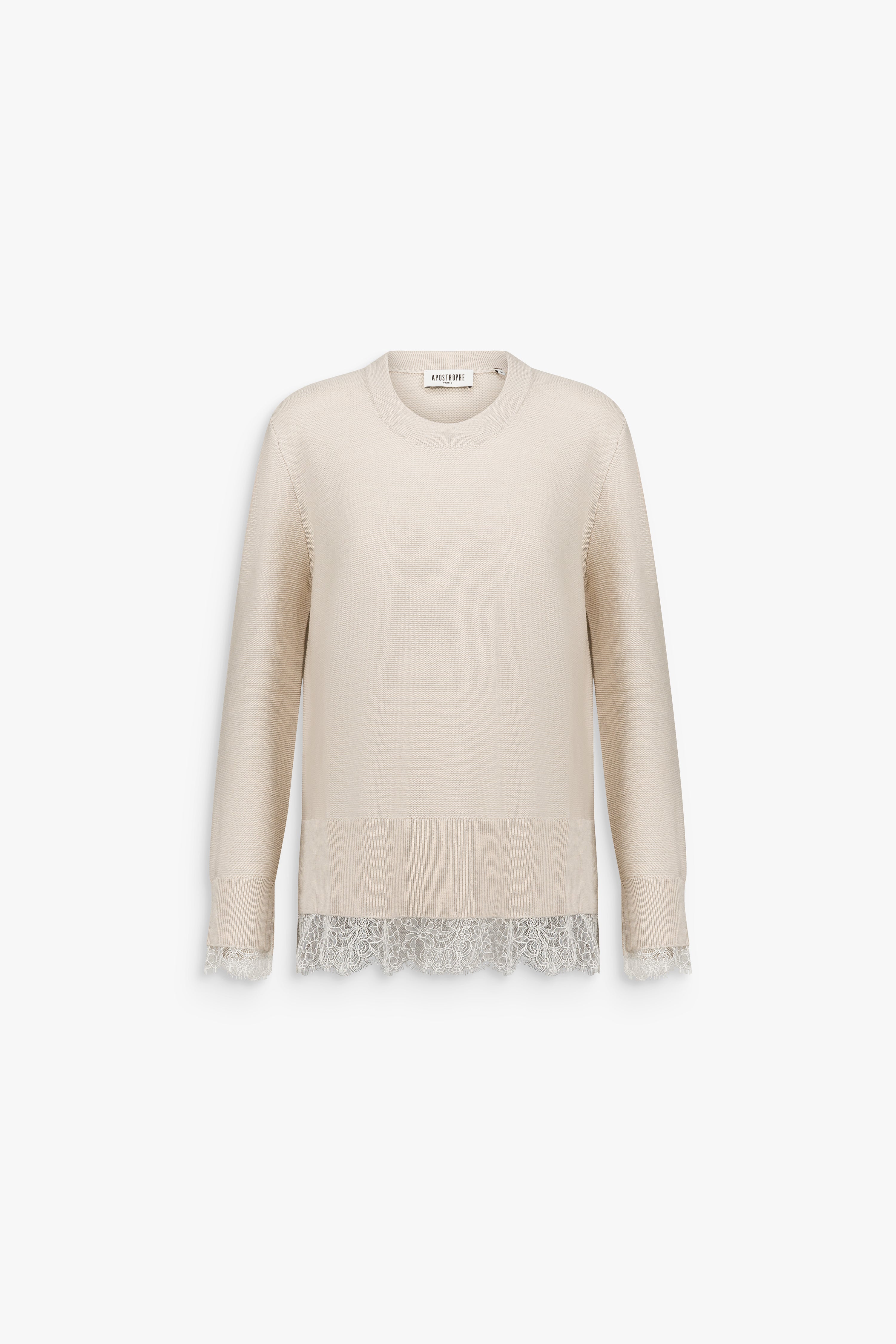 Pull long à col rond en laine mérinos avec dentelle béton