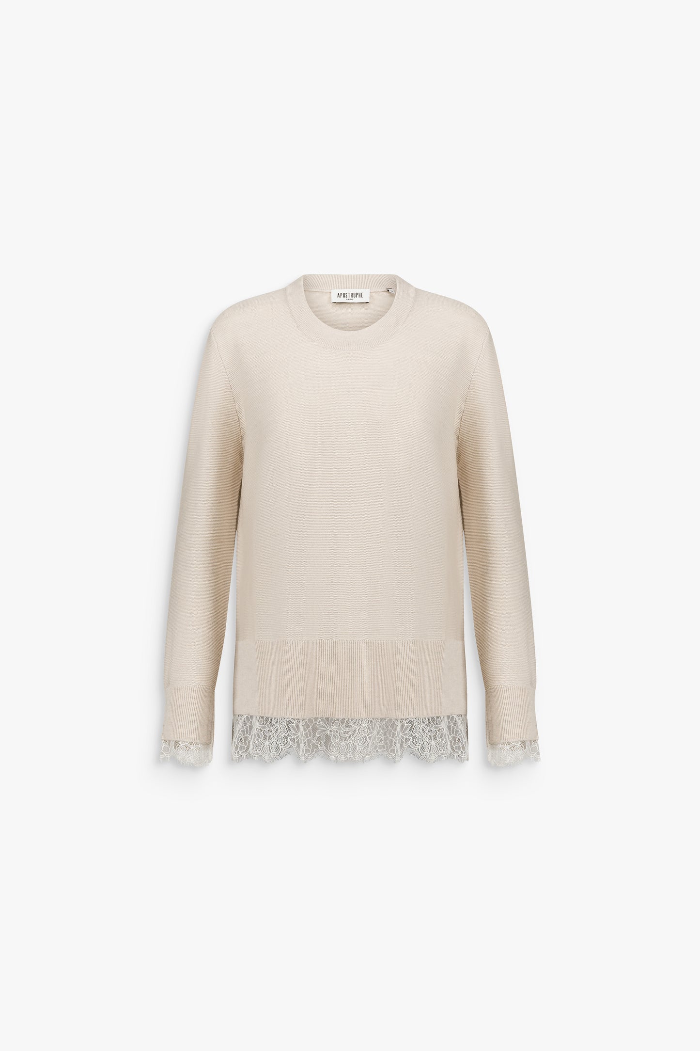 Pull long à col rond en laine mérinos avec dentelle béton