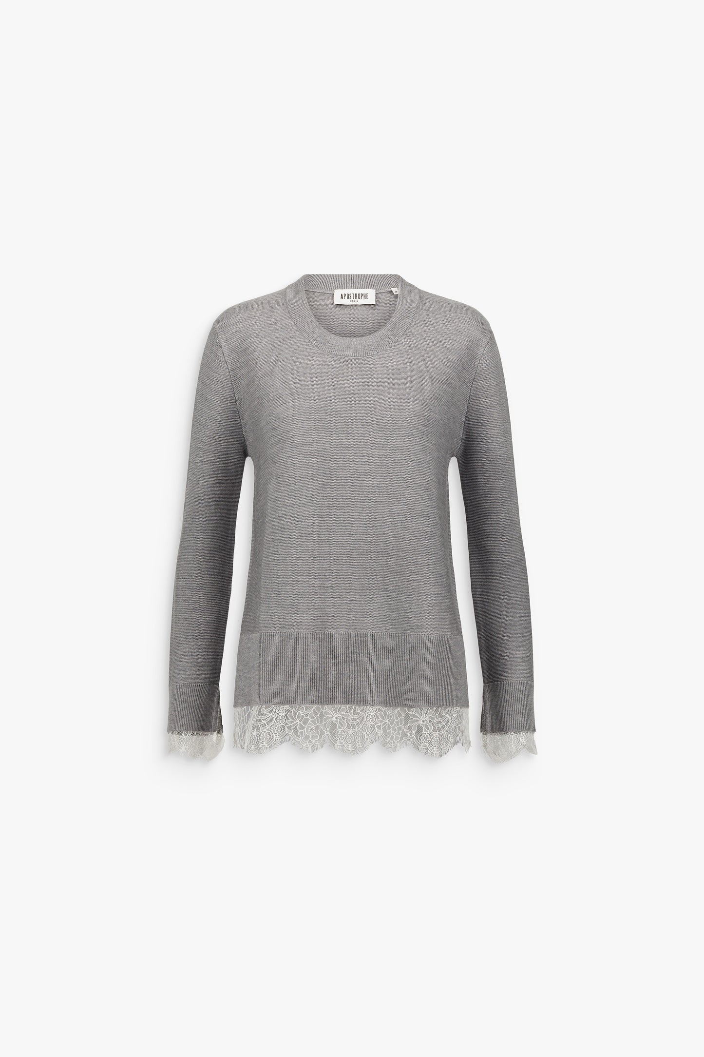 Pull long béton en laine mérinos, à col rond, manches longues et détails en dentelle au bas et aux poignets.