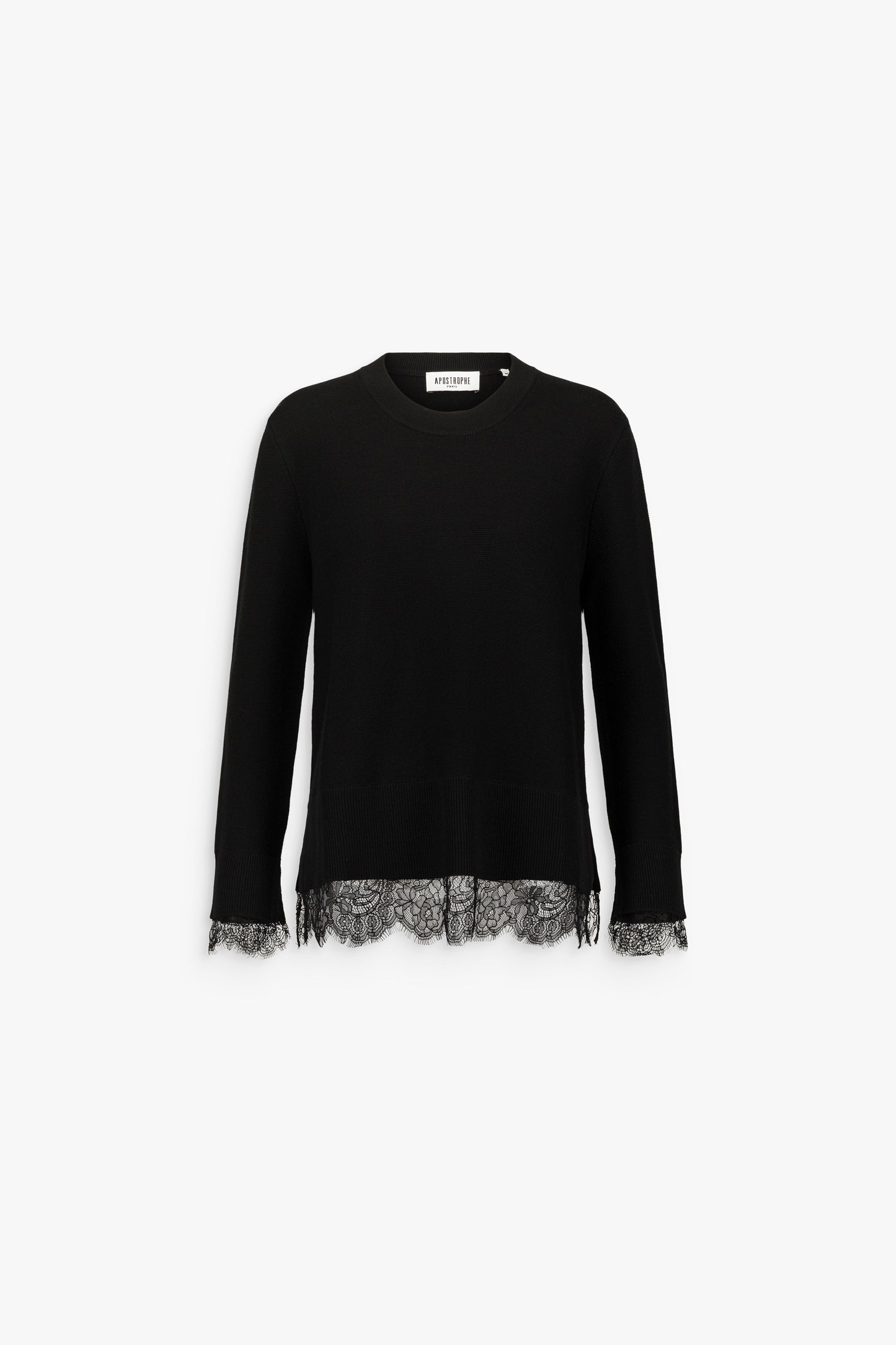Pull long noir en laine mérinos, à col rond, manches longues et détails en dentelle au bas et aux poignets.