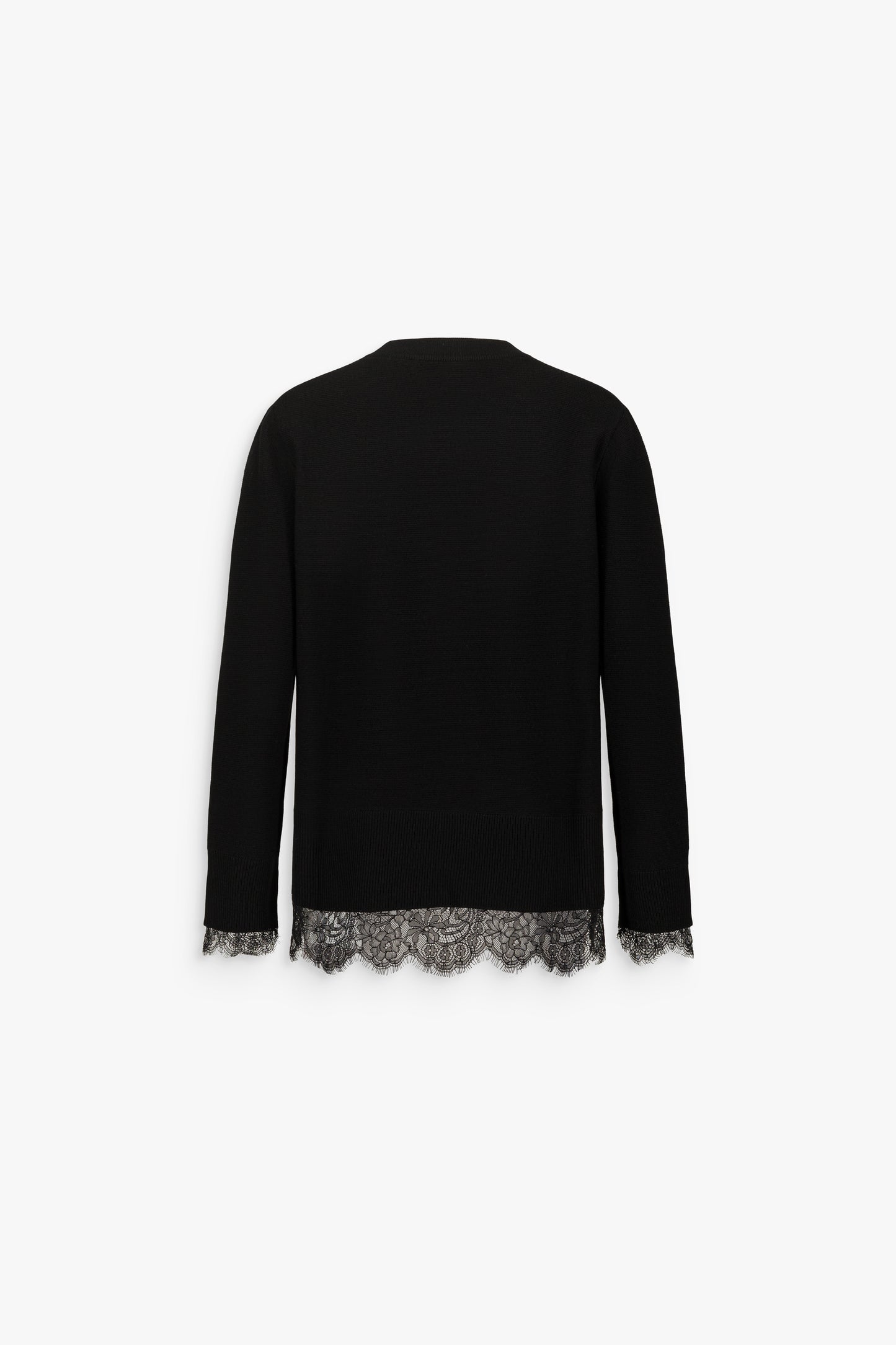 Pull long noir en laine mérinos, à col rond, manches longues et détails en dentelle au bas et aux poignets.