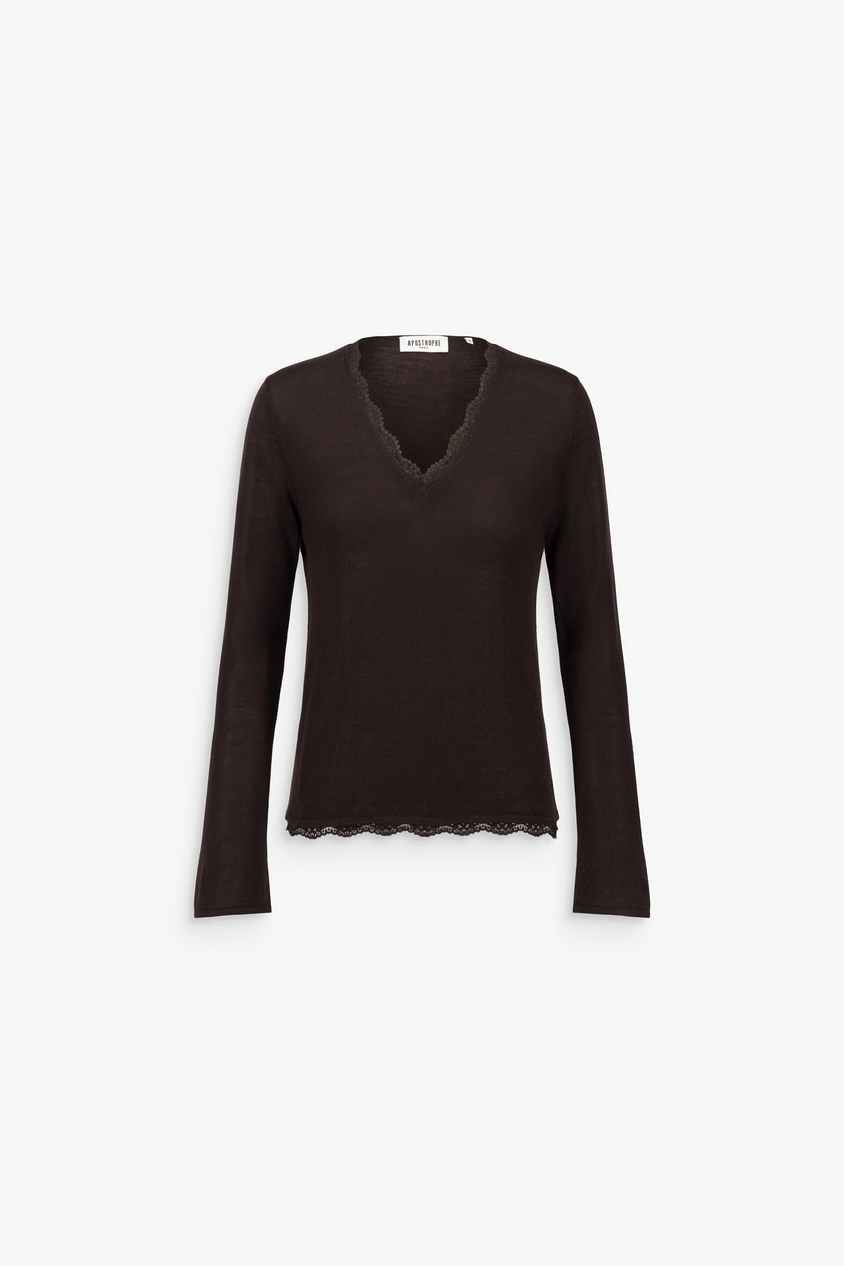 Pull en laine mérinos à finition dentelle col V marron foncé