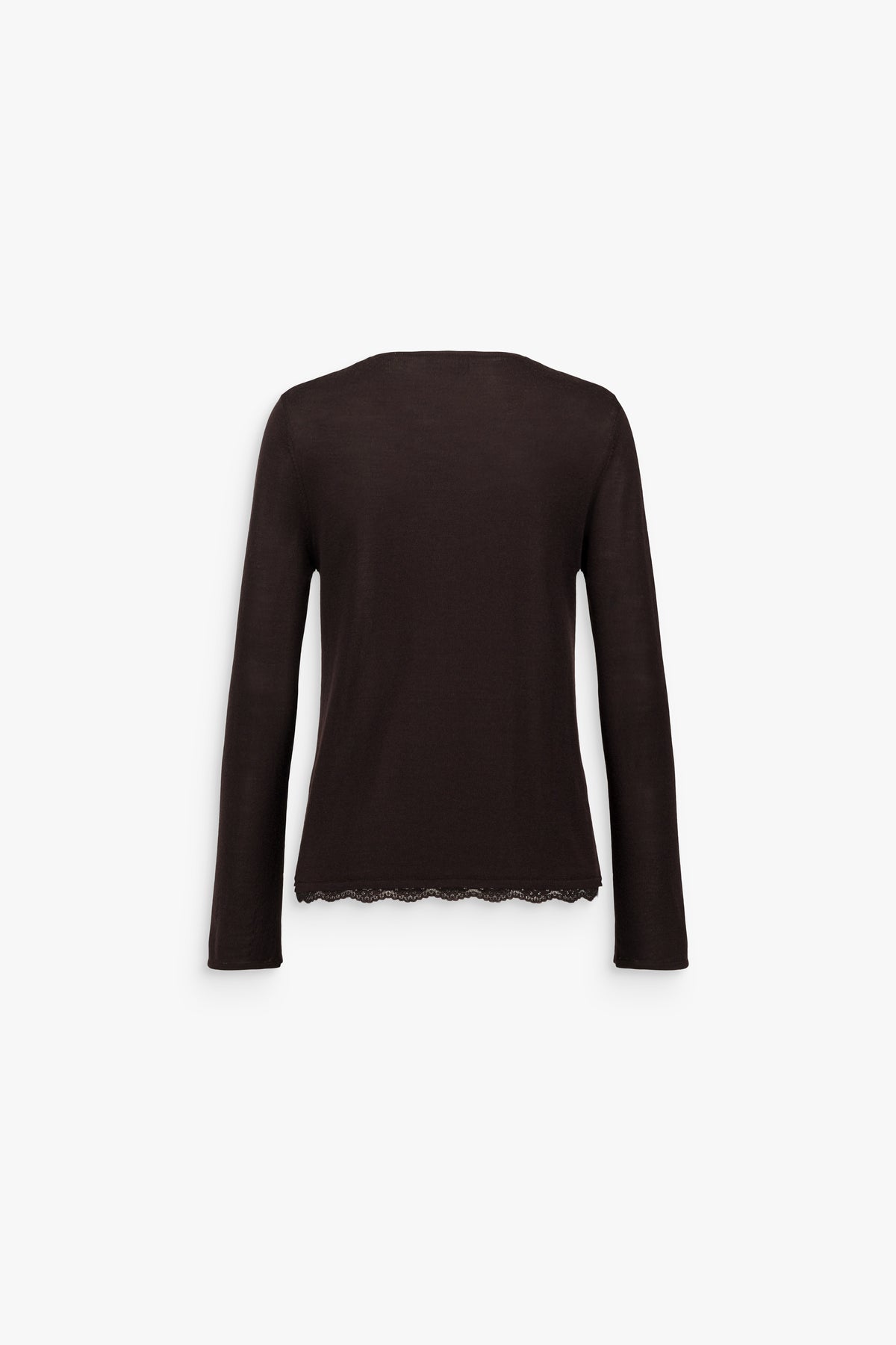 Pull en laine mérinos à finition dentelle col V marron foncé