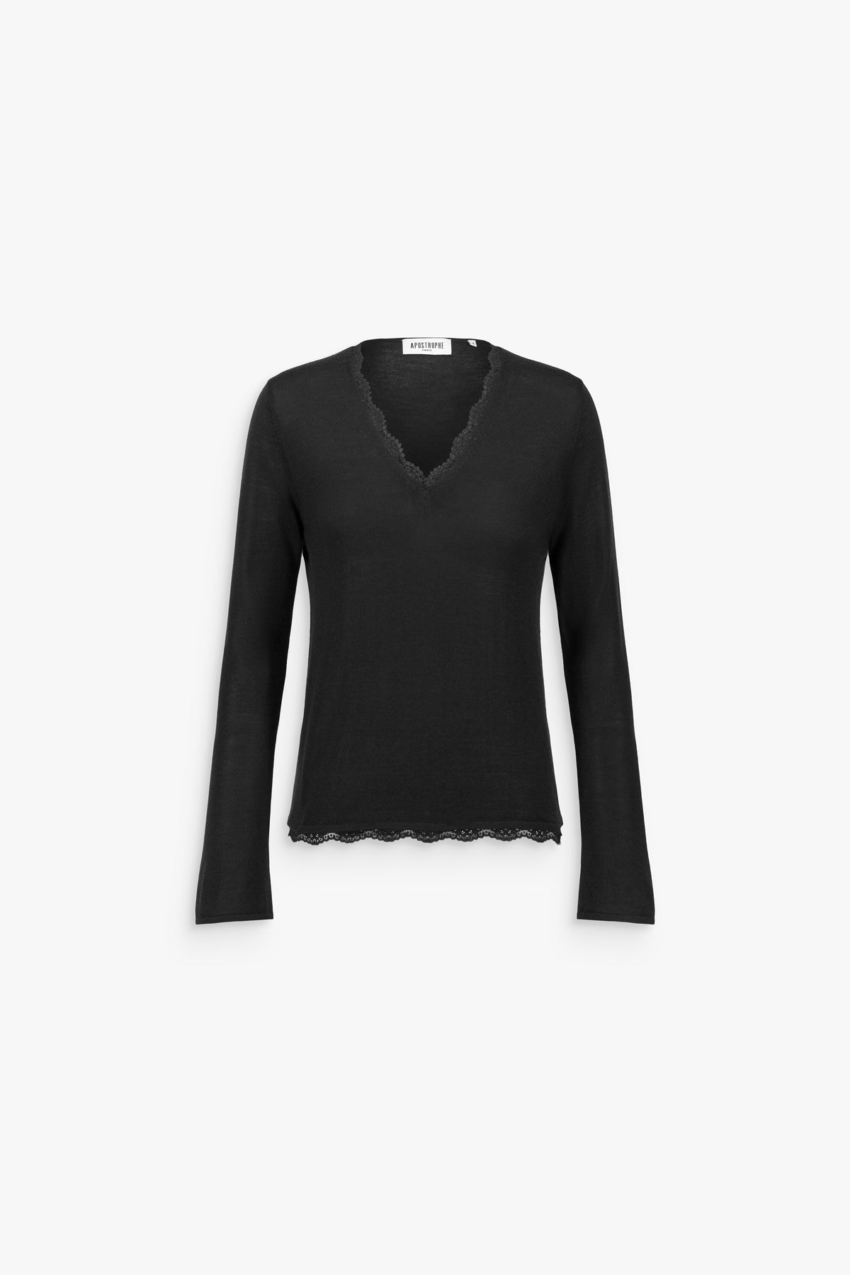 Pull en laine mérinos et dentelle col V noir