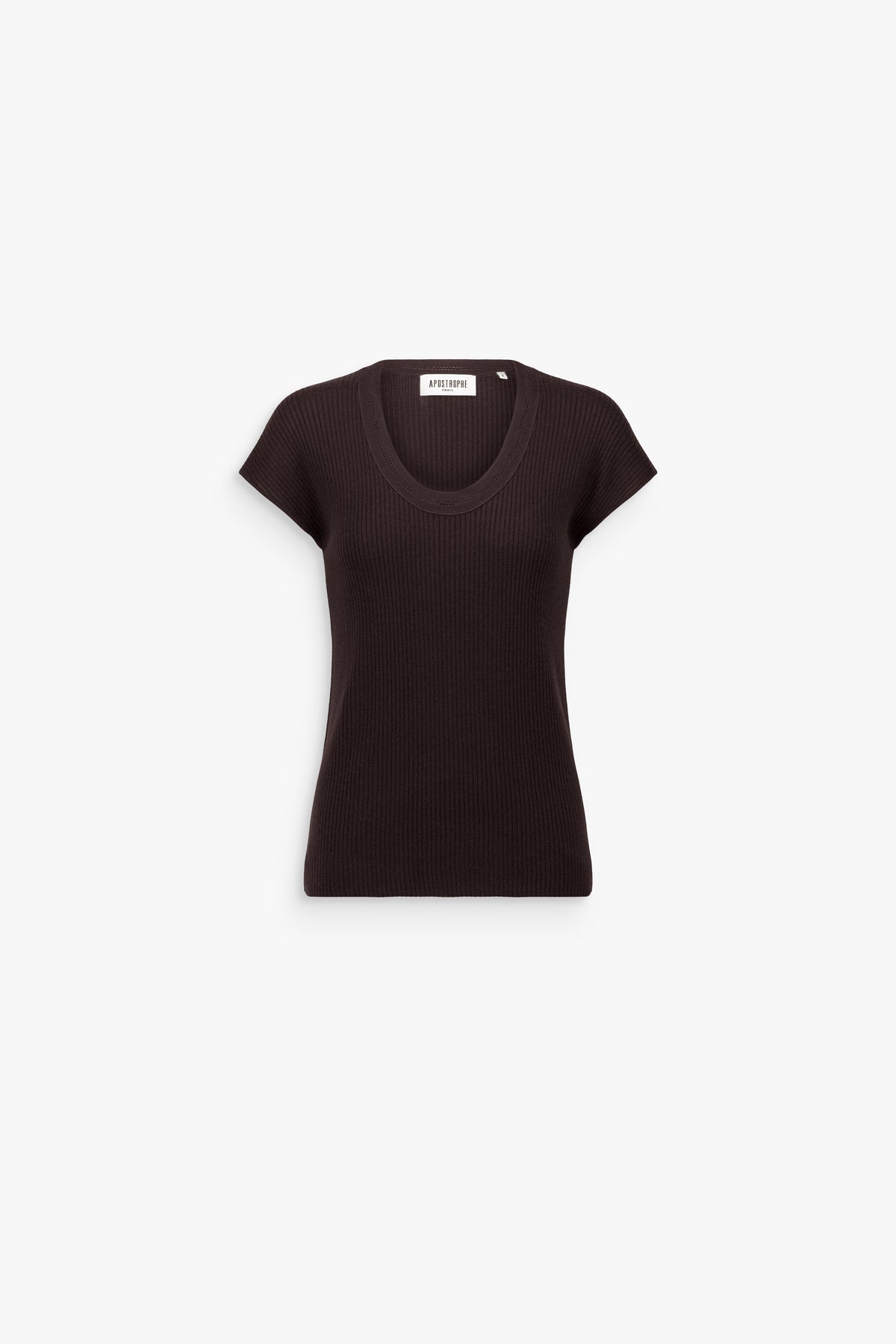 T-shirt en laine mérinos col rond marron foncé